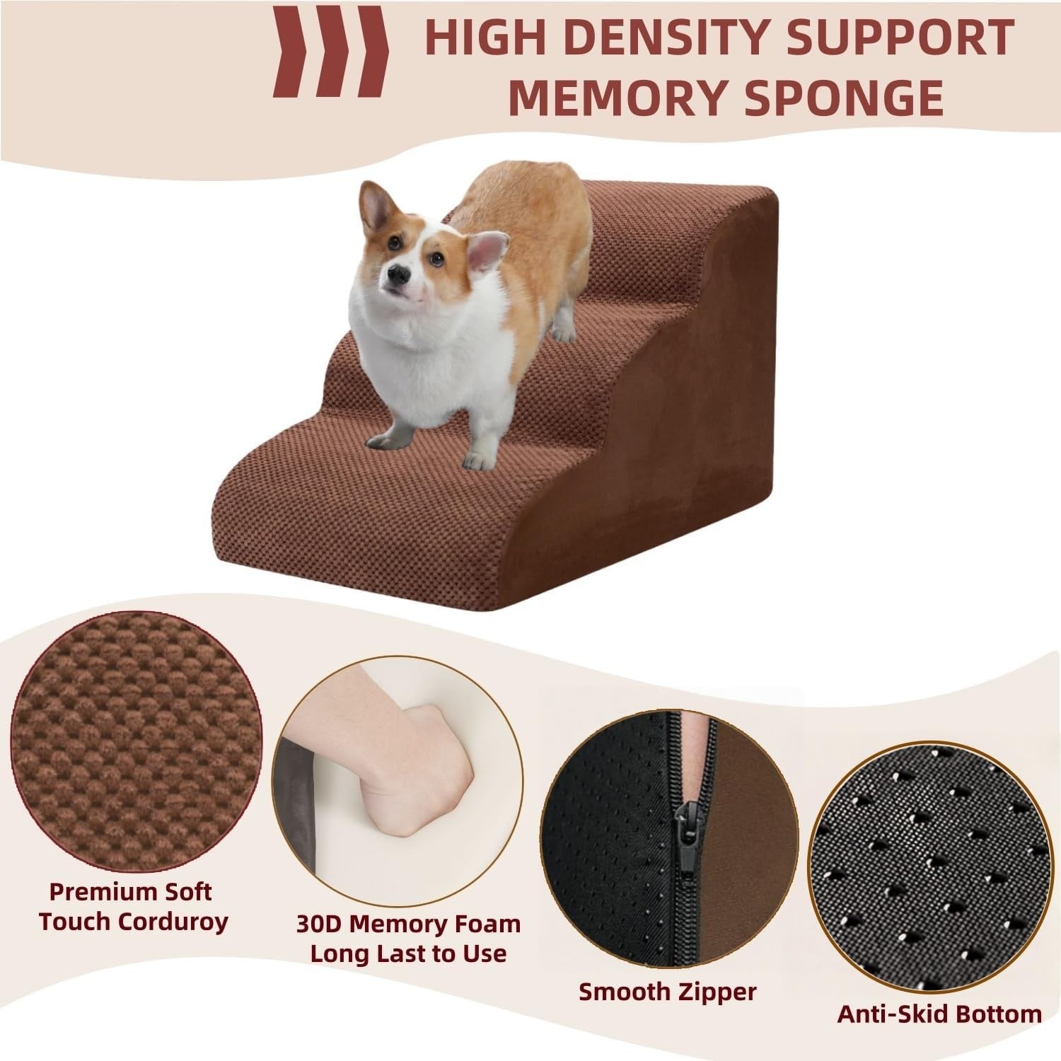 3‑Tier Non‑Slip Dog Stairs & Ramp for Bed Sofa – Waterproof Pet Steps