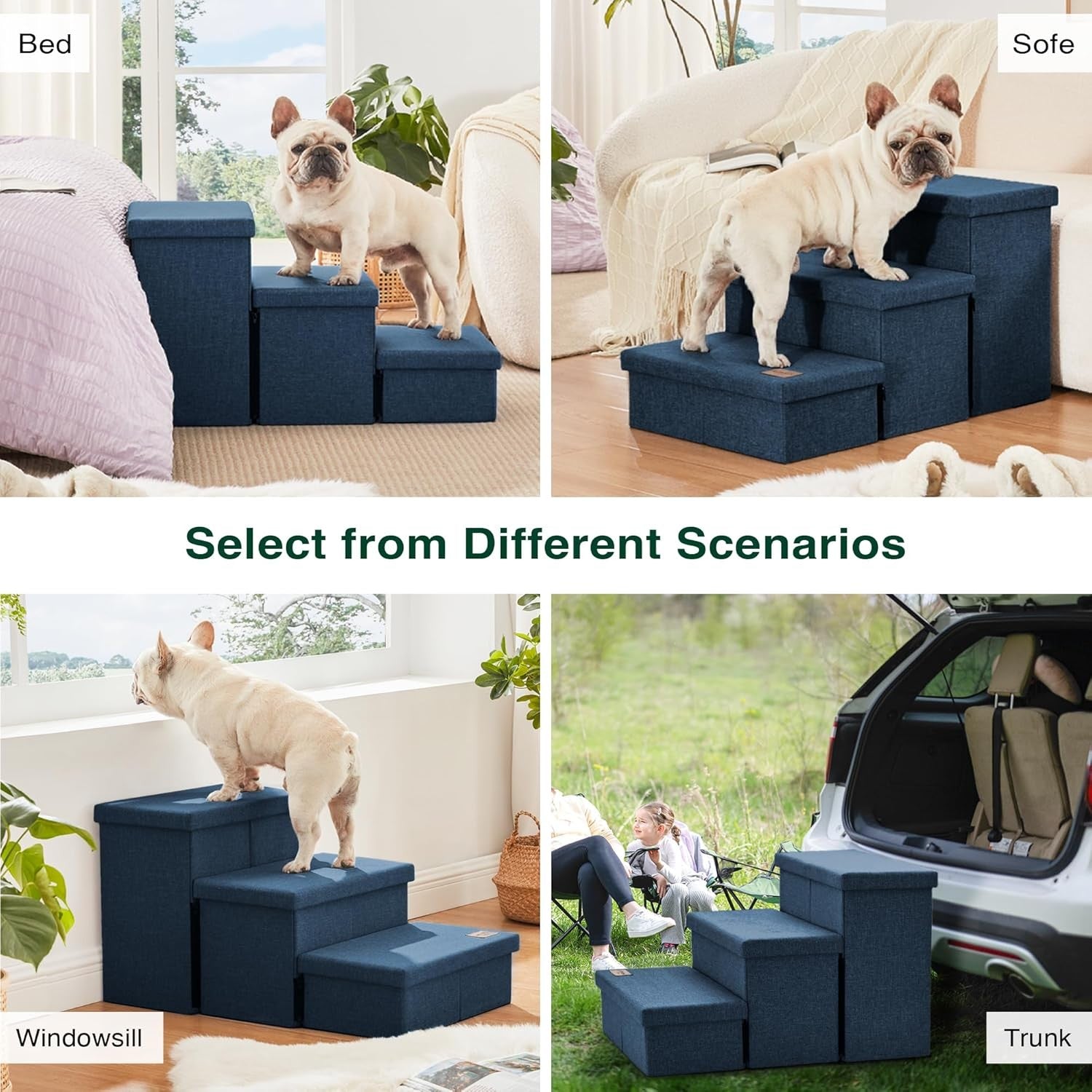 Dog Stairs 3 Step with Storage 18" High Foldable Pet Steps Navy