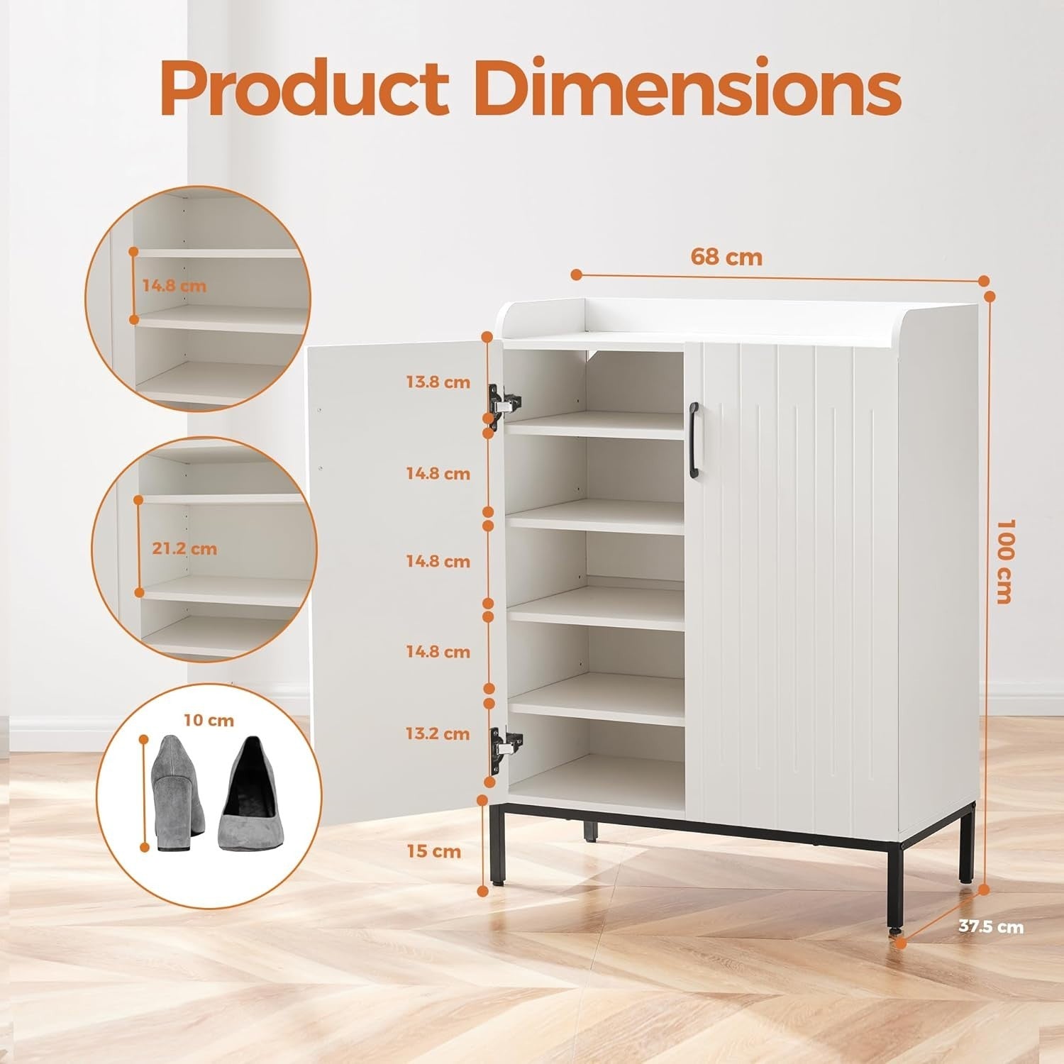 Modern White Shoe Cabinet with 5 Adjustable Shelves, Anti-Tip Safety, 68x37x100c