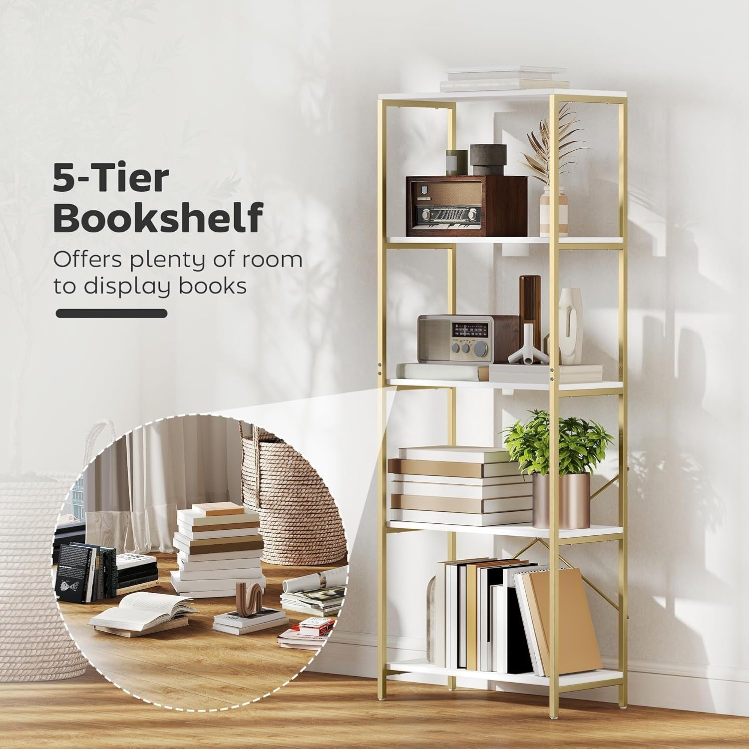 White & Gold 5-Tier Modern Bookcase Tall Metal Frame Open Display Shelf Unit
