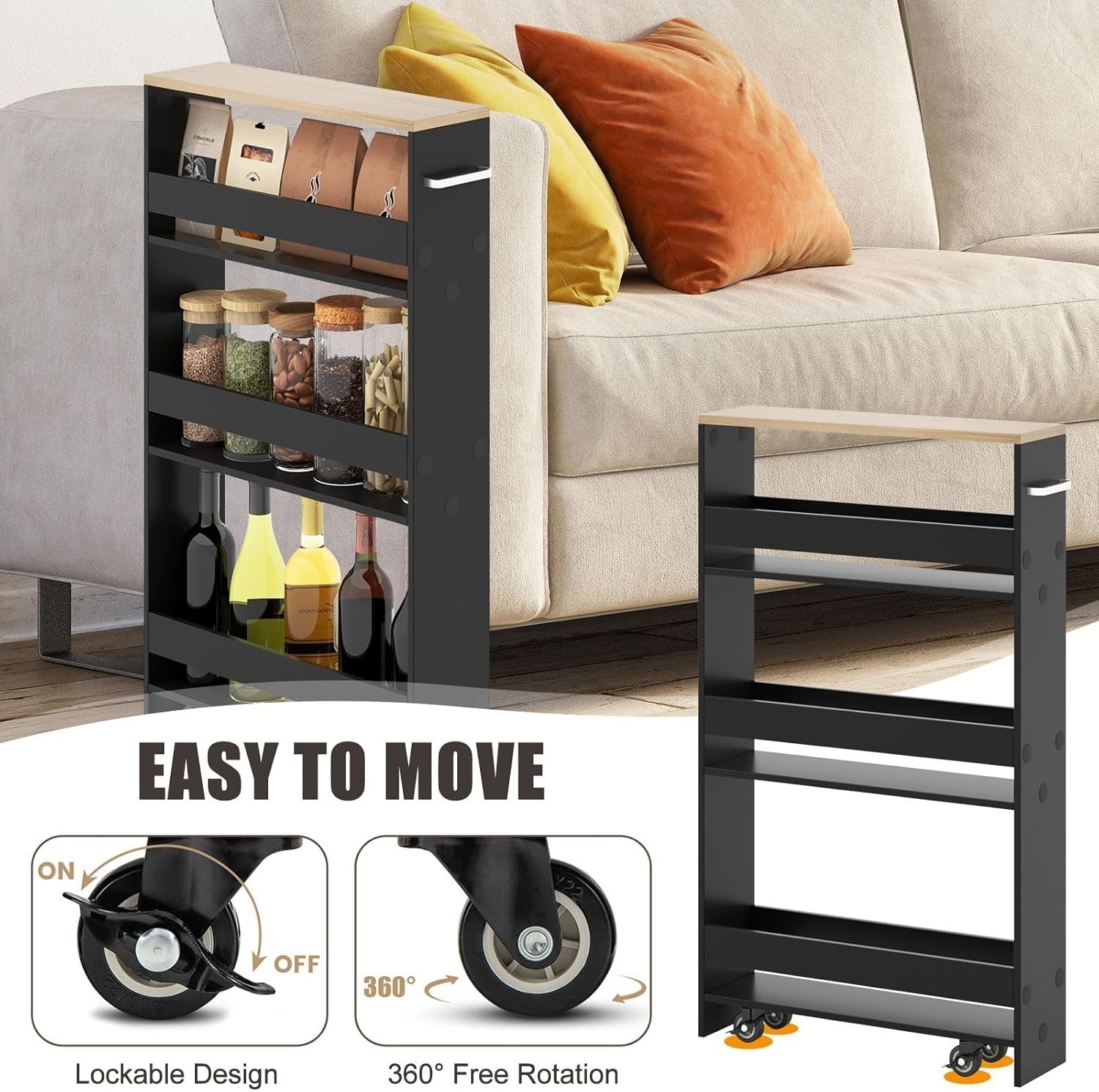 4 Tier Slim Storage Trolley Rolling Kitchen Cart Black Natural Narrow