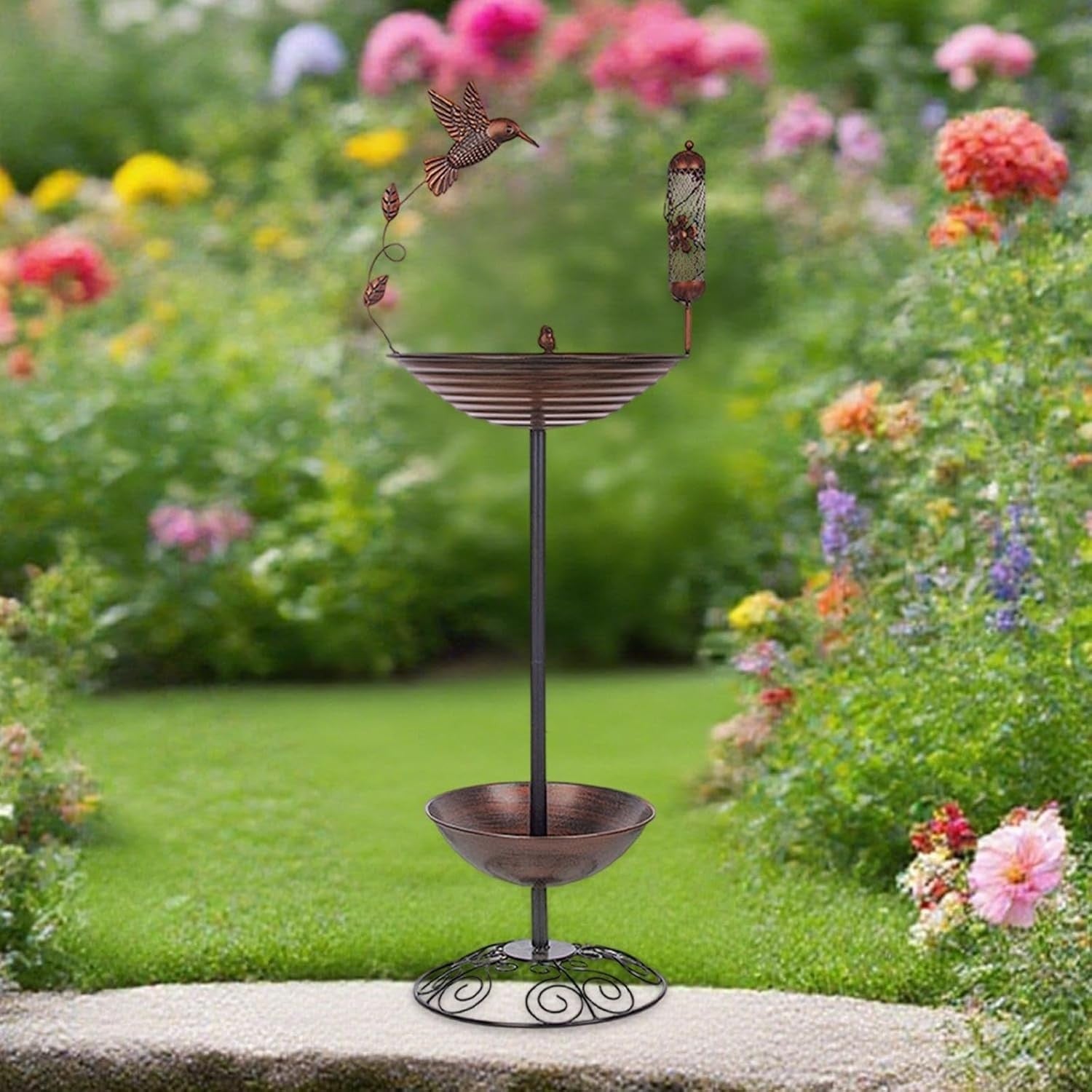 Metal Bird Bath Feeder Outdoor Garden Decor Weatherproof Iron Stand