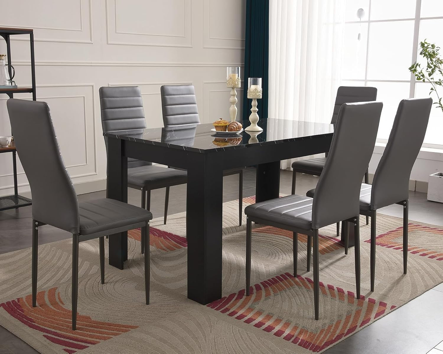 Black Marble Dining Table Set with 6 PU Leather Chairs – Modern, Durable