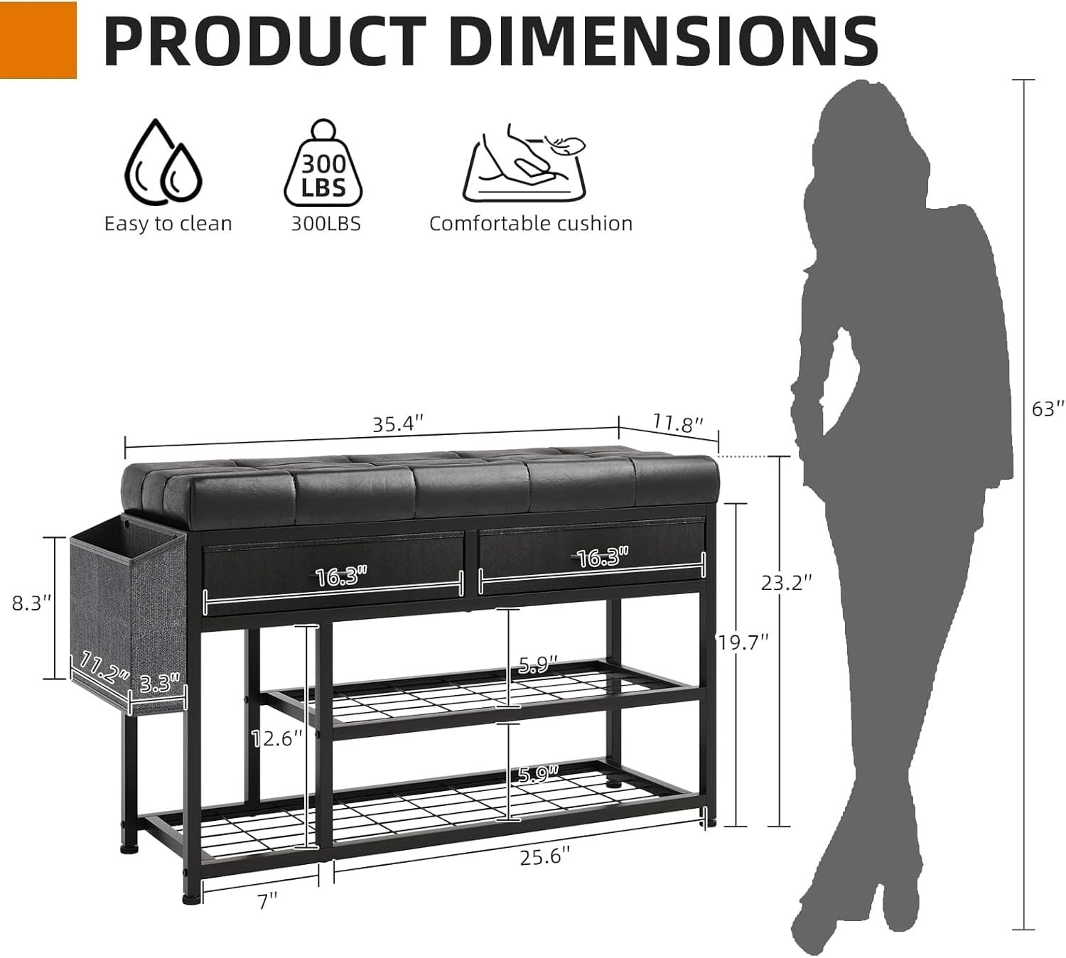 Black Metal Shoe Storage Bench, Cushion Seat & Fabric Drawers Entryway Organizer