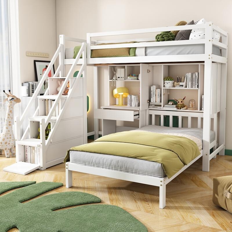 Kids Bunk Bed with Desk & Storage White 3FT Pine Wood Double Loft Bed 90x190cm
