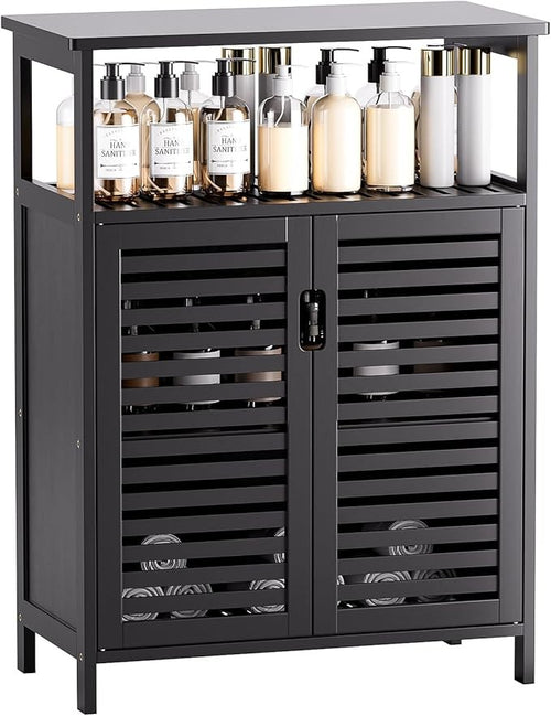 Black Bamboo Bathroom Storage Cabinet with Shutter Doors & Open Shelf 60x30x80cm