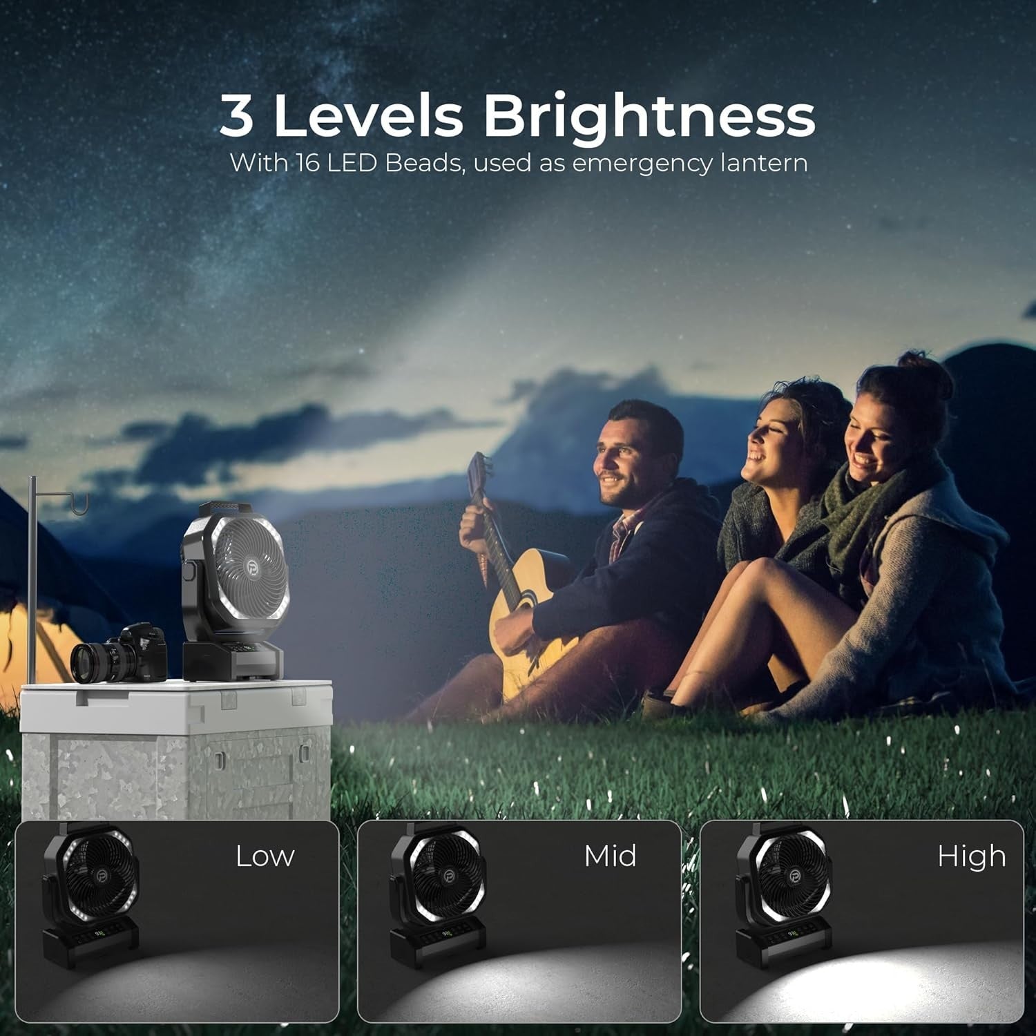 Black Camping Fan – 20000mAh Rechargeable w/ LED Light, 9 Speeds & Remote Timer