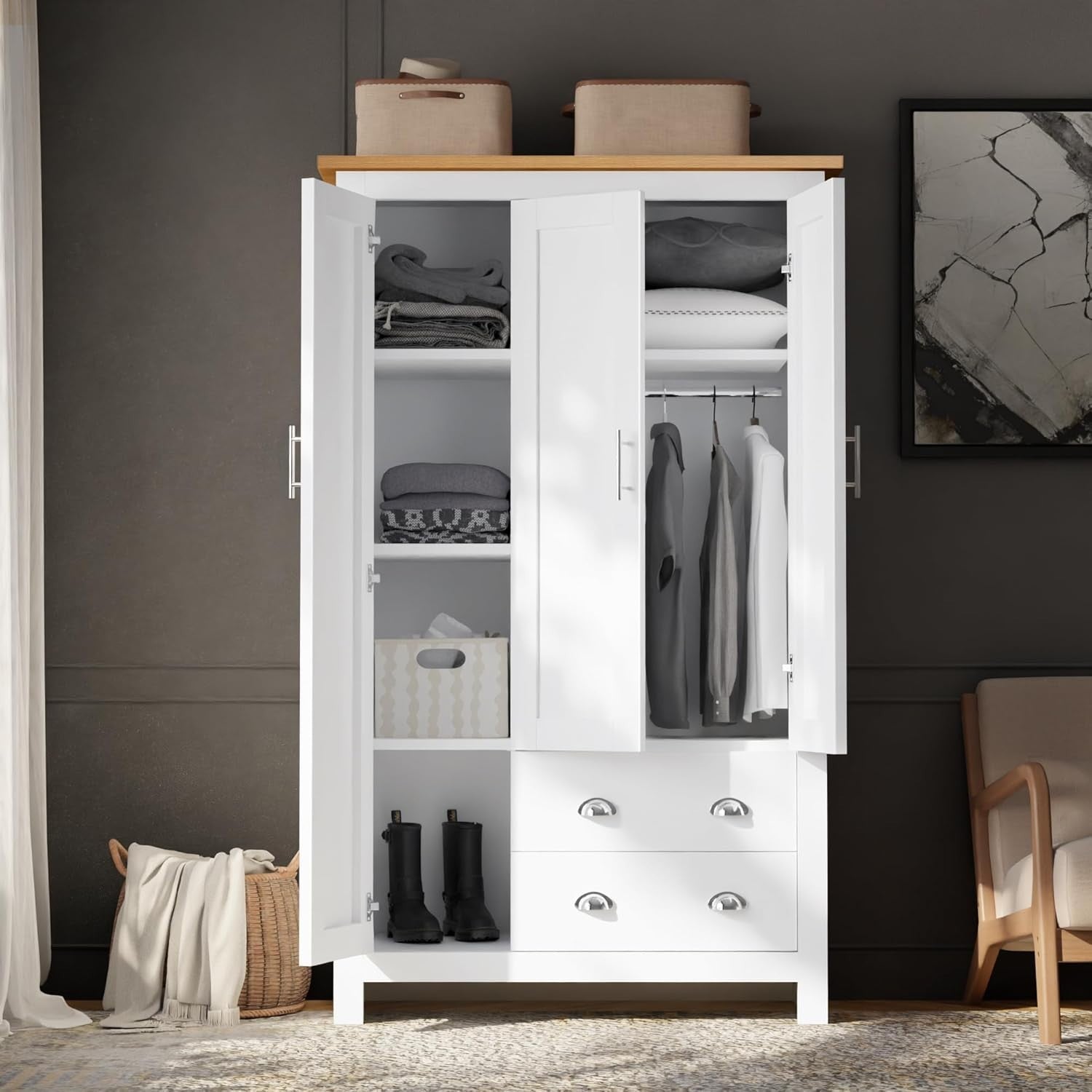 White 3 Door Wardrobe with Drawers & Rail – Modern Bedroom Storage Unit