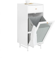White Laundry Cabinet with Glass Door Drawer Tilt-Out Basket Slim Bathroom Unit