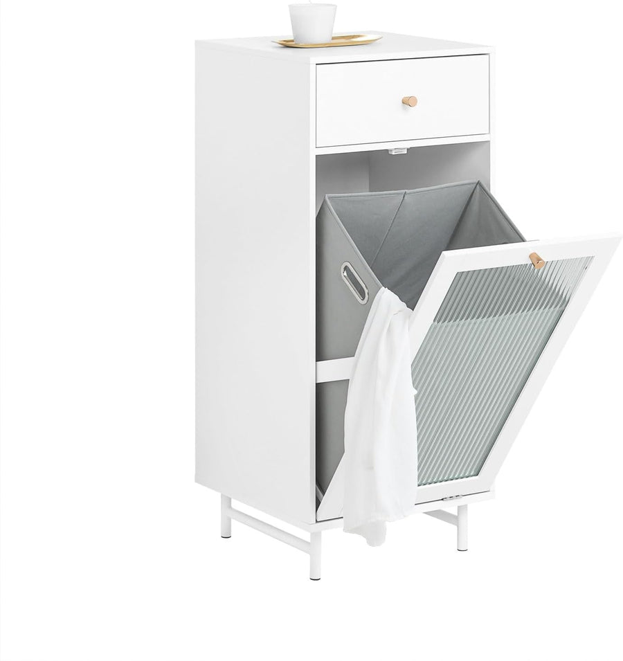 White Laundry Cabinet with Glass Door Drawer Tilt-Out Basket Slim Bathroom Unit
