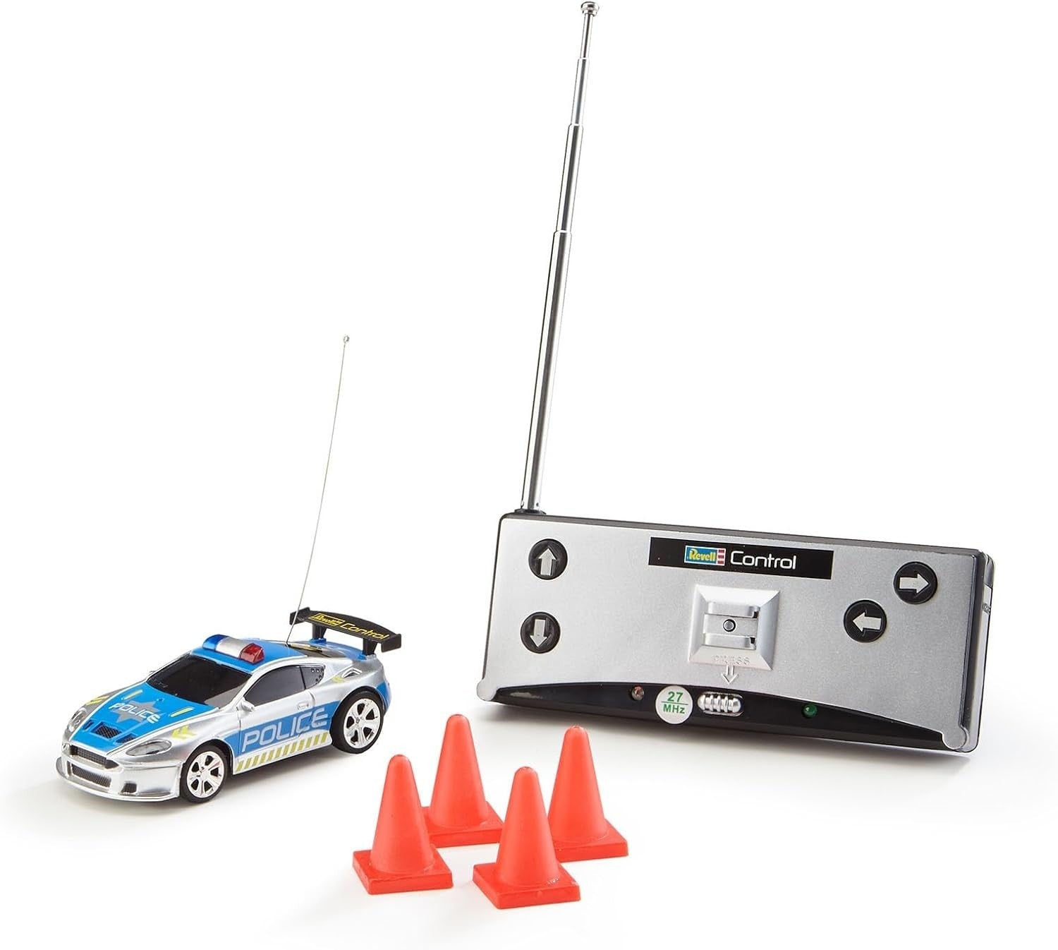 Mini RC Police Car in Can – 27MHz Remote Control Toy with Cones, 8cm Model