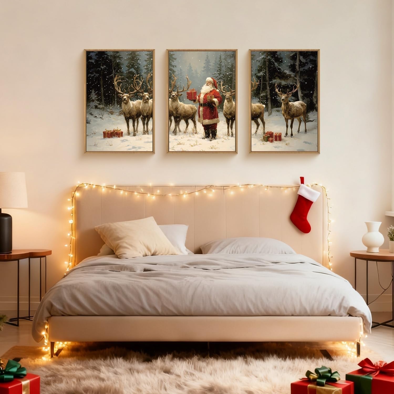 Christmas Wall Art Framed Canvas Set 3 Santa Reindeer Winter Holiday Decor