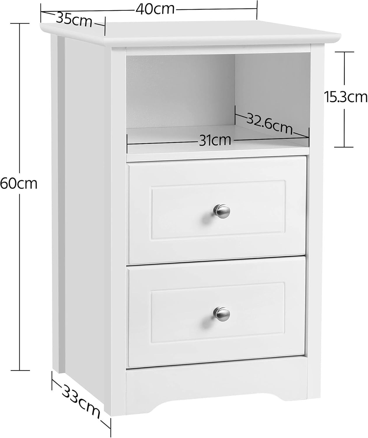 White Bedside Table with Drawers & Shelf – Modern Nightstand for Bedroom