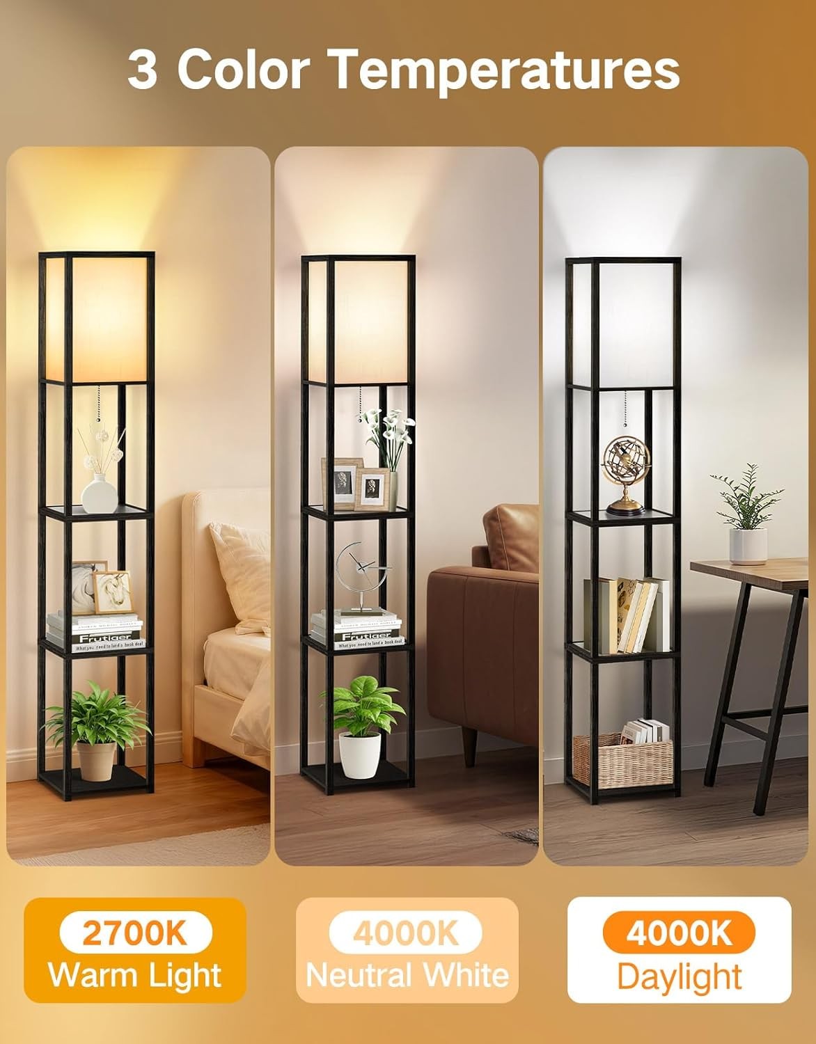 Floor Lamp with Shelves LED Adjustable Colour Standing Storage Light Black