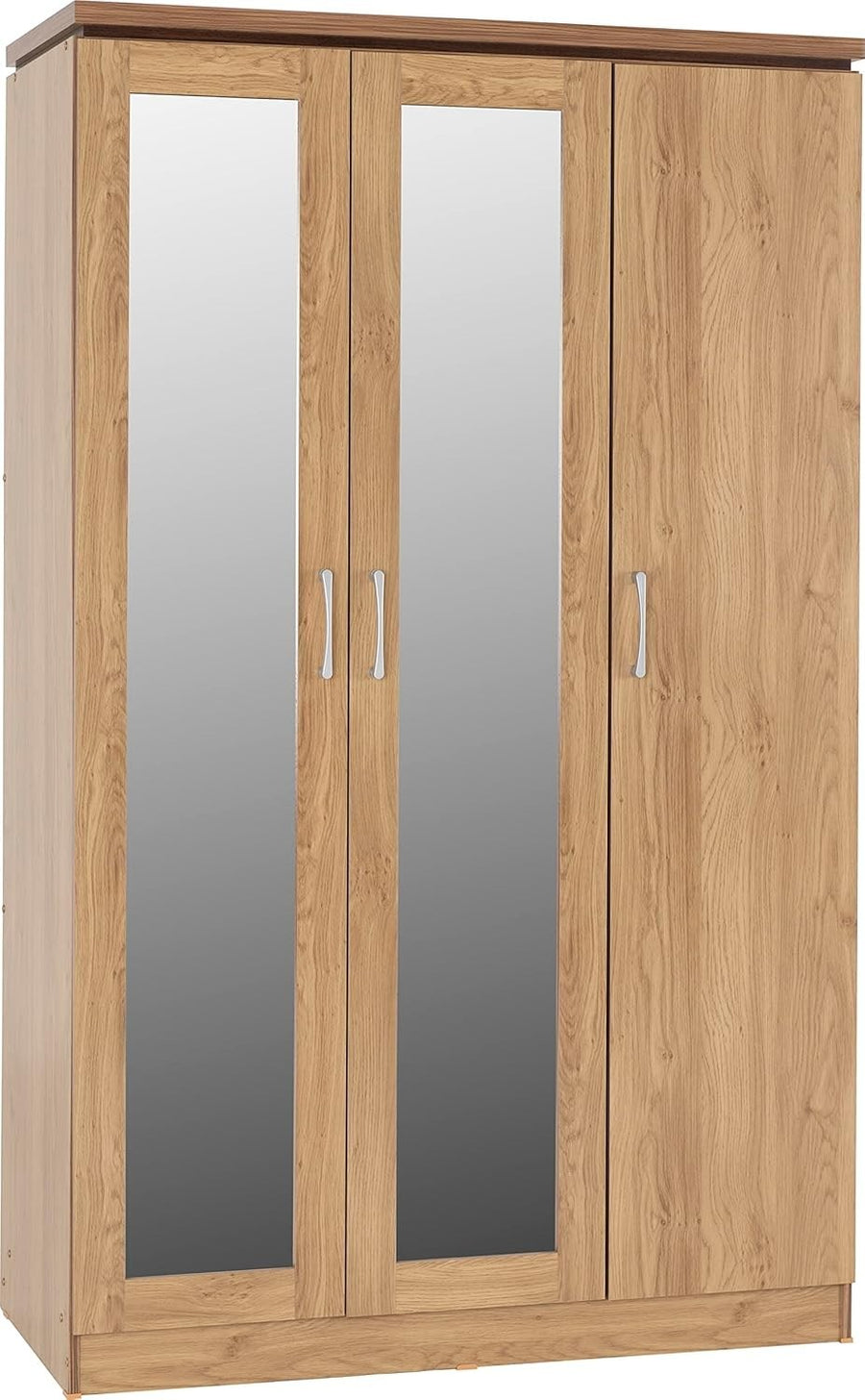 3 Door Wardrobe Mirror Oak Effect Hanging Rail Storage Modern Bedroom