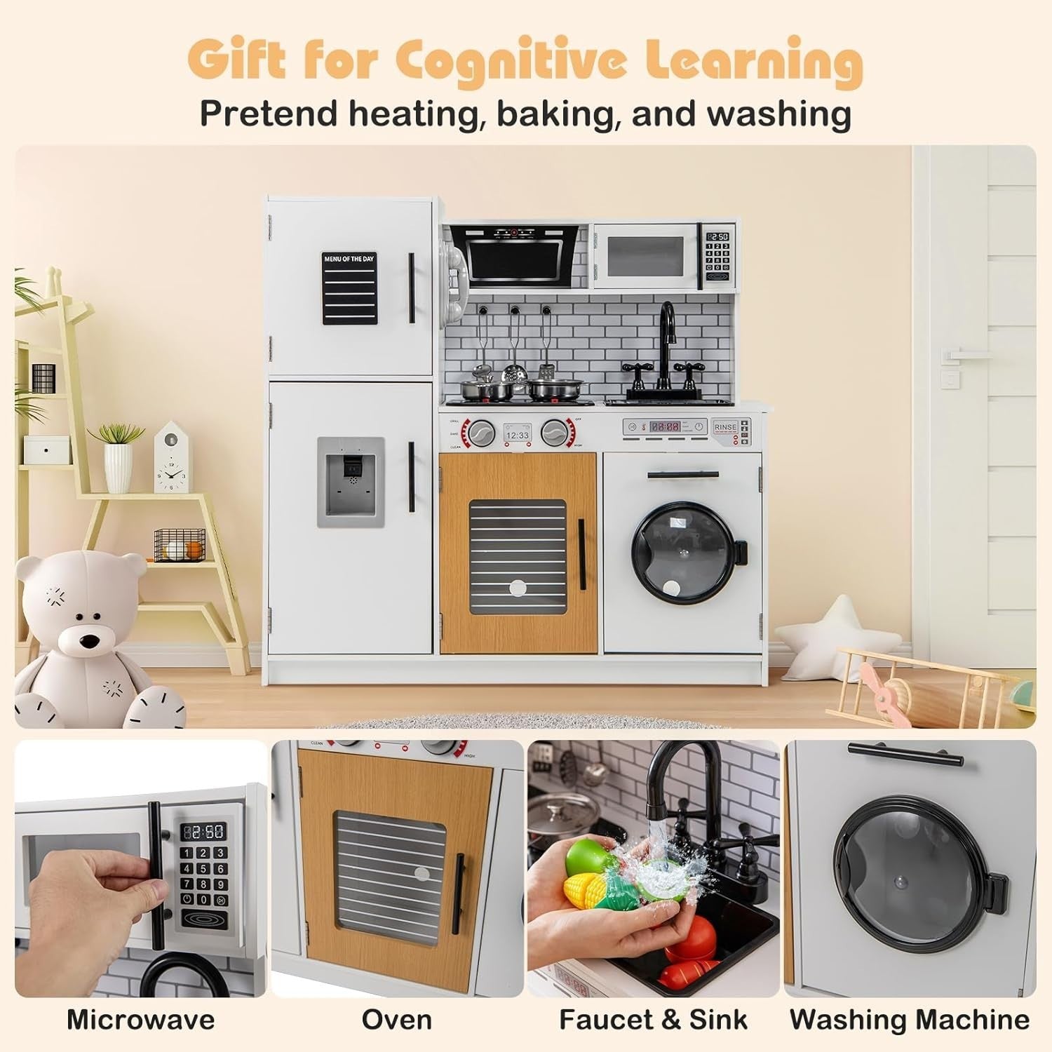 Kids Wooden Play Kitchen Lights Sounds Washing Machine White Toy