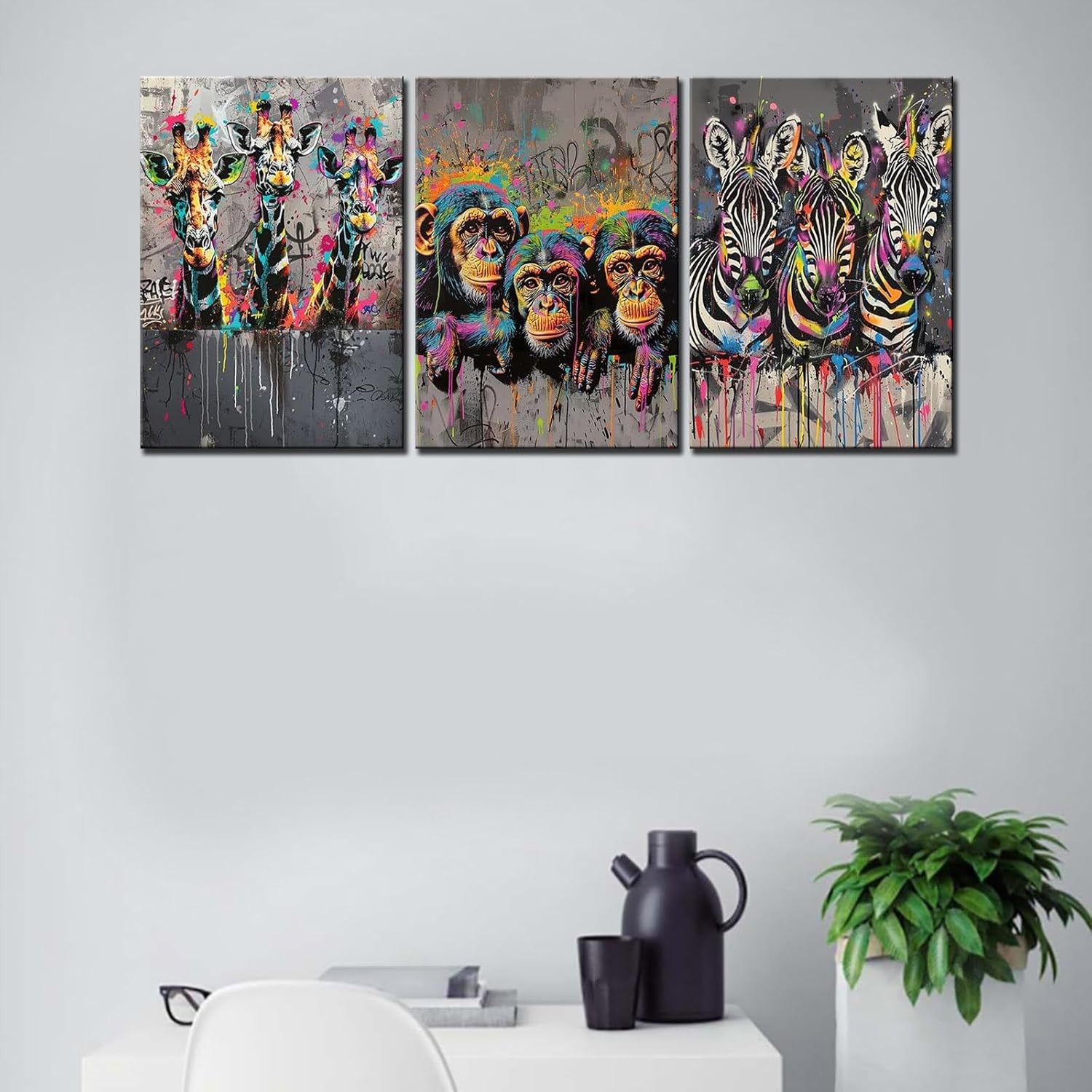 Graffiti Animal Canvas Wall Art 3 Piece 42x20 Framed