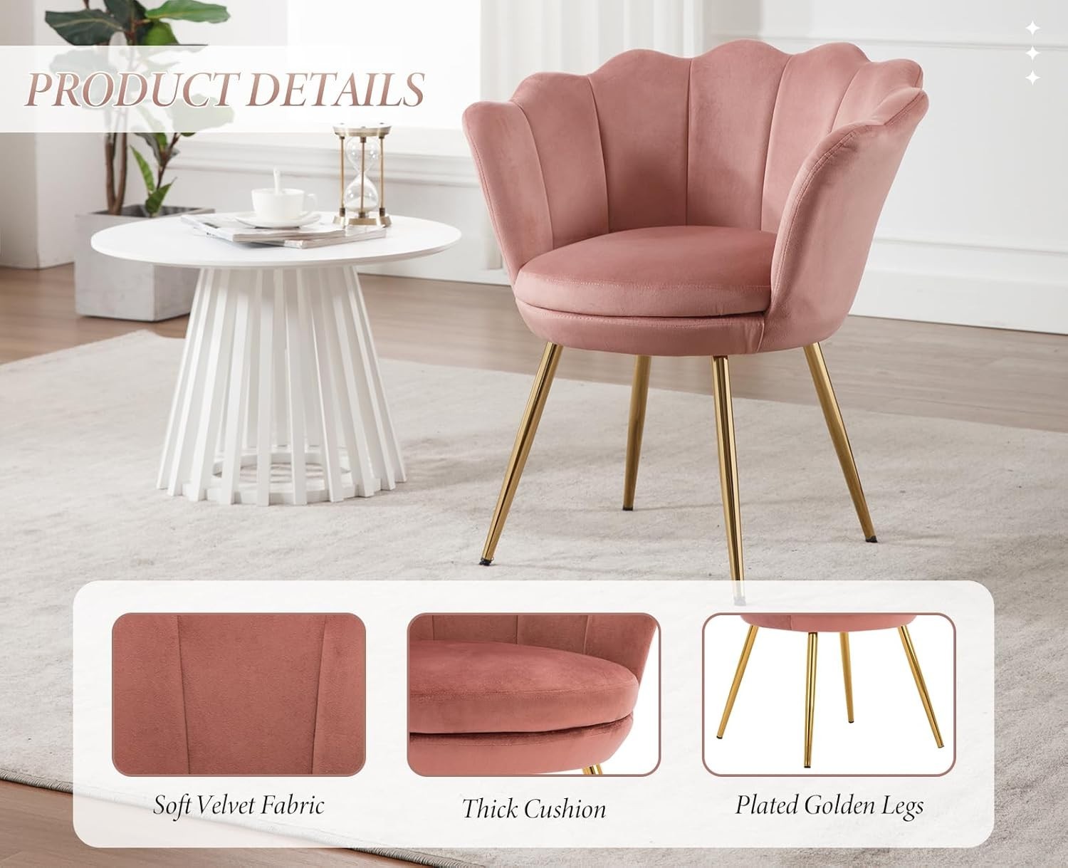 Pink Velvet Lounge Chair Gold Legs | Petal Back Armchair for Bedroom