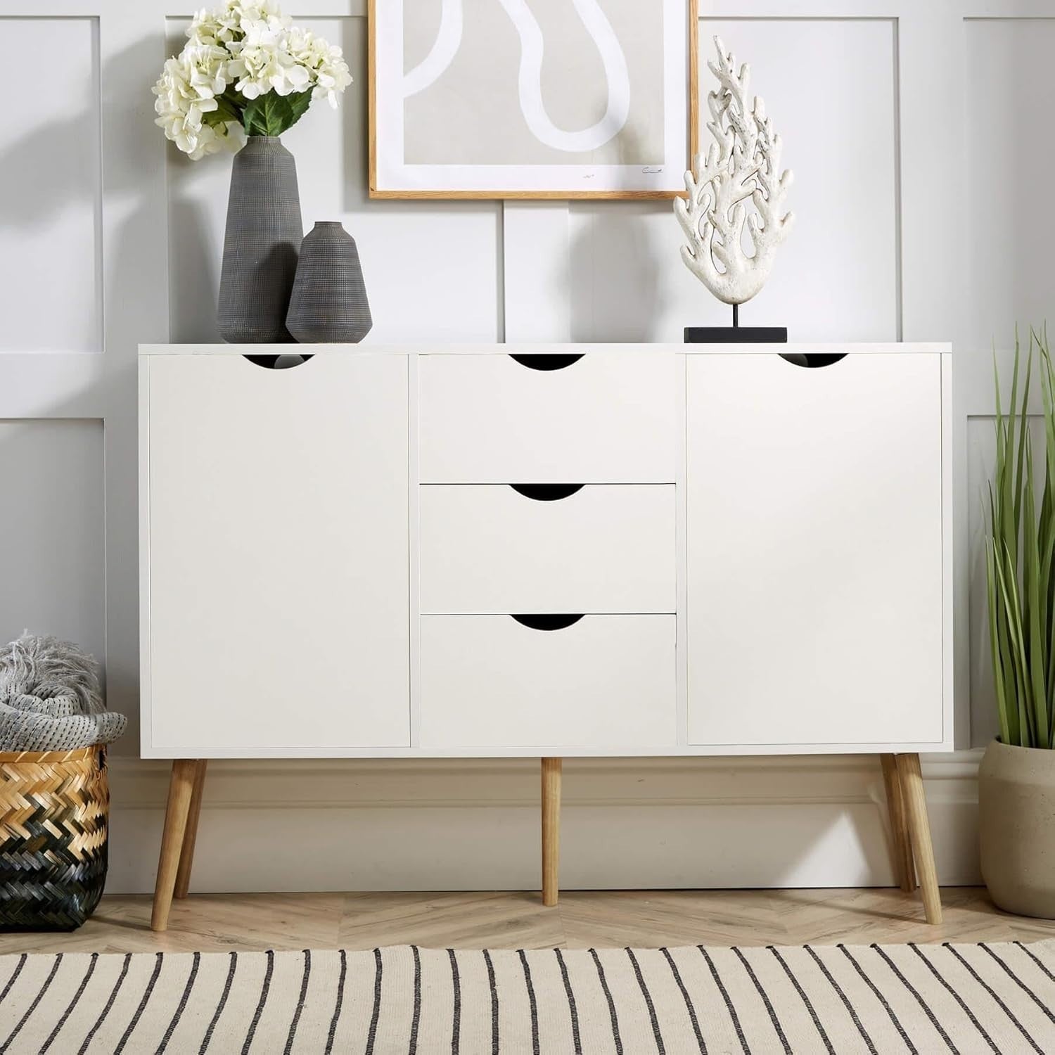 White Scandi Sideboard Cabinet 3 Drawers 2 Doors Solid Wood Legs Storage