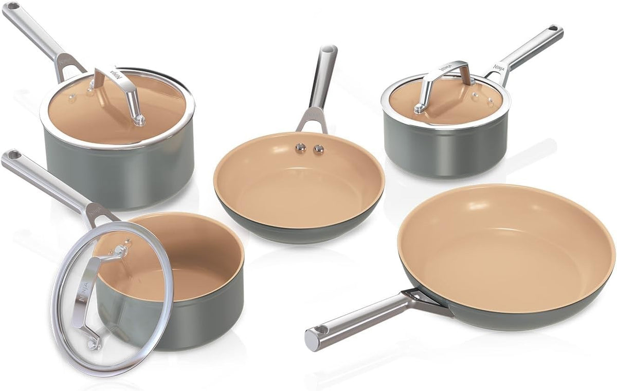 5Pcs Ceramic Terracotta & Grey Non Stick Frying Pans Saucepan Cookware Set