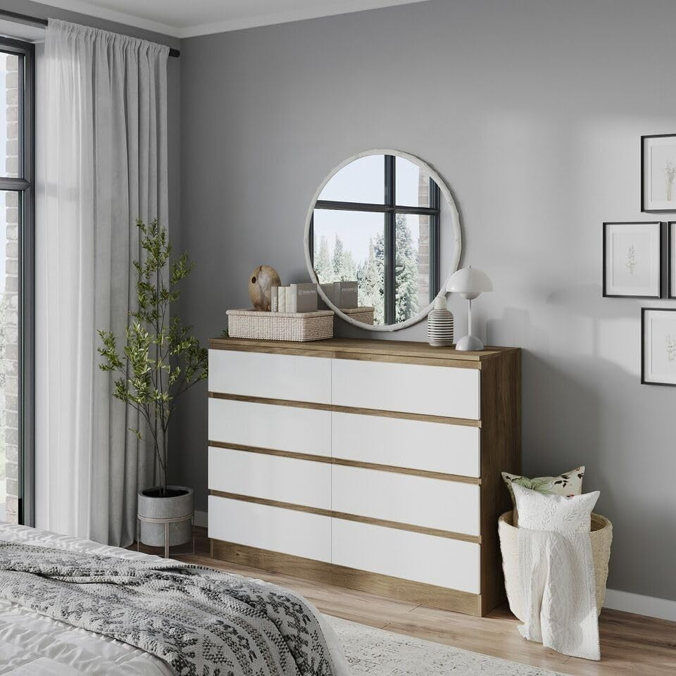 8 Drawer Chest Oak White Storage Cabinet for Bedroom Hallway Office