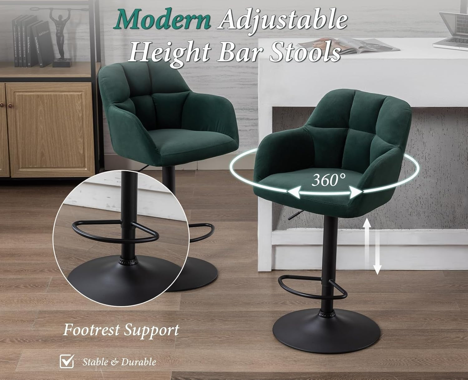 Set of 2 Green Velvet Swivel Bar Stools Adjustable Height Modern