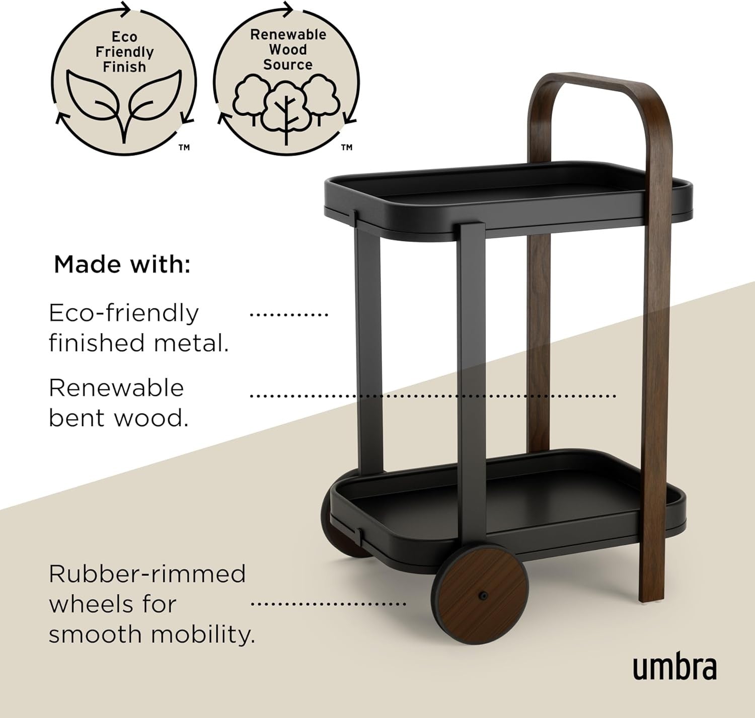 Luxury Bar Cart on Wheels 2 Tier Wooden Serving Trolley with Removable Tray