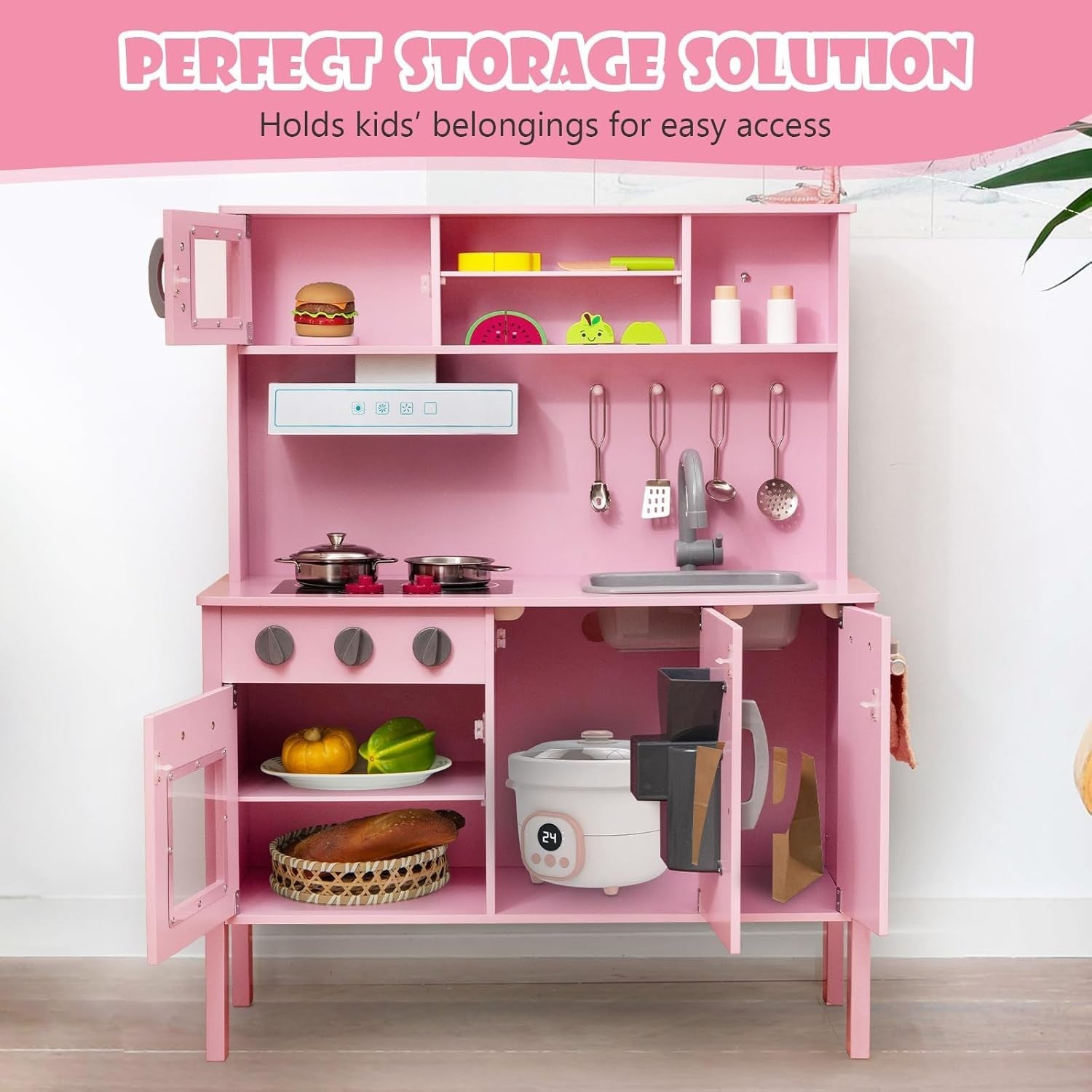Wooden Kids Play Kitchen Pink Toy Set Microwave Oven Ice Maker Sound