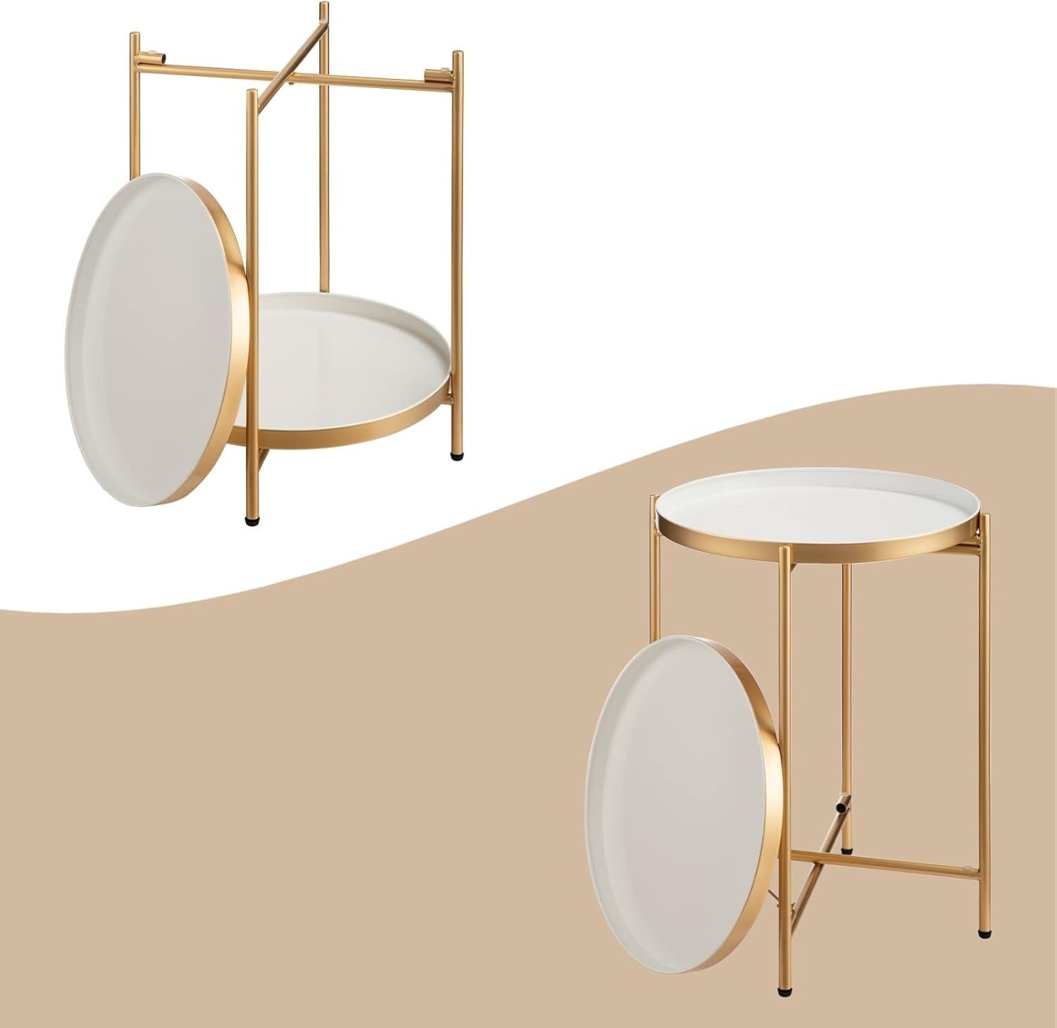 Round Metal Side Table 2 Tier Removable Tray Coffee Table Gold White