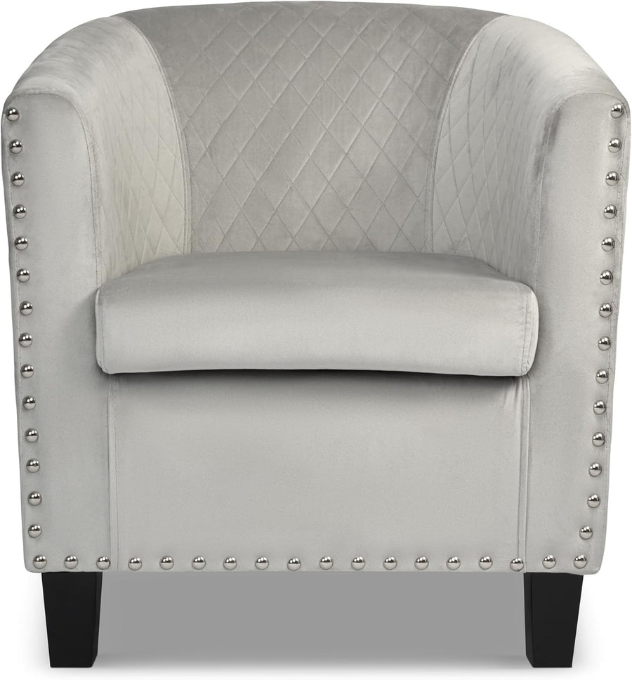 Grey Velvet Tub Chair Studded Accent Armchair Retro Lounge Seat
