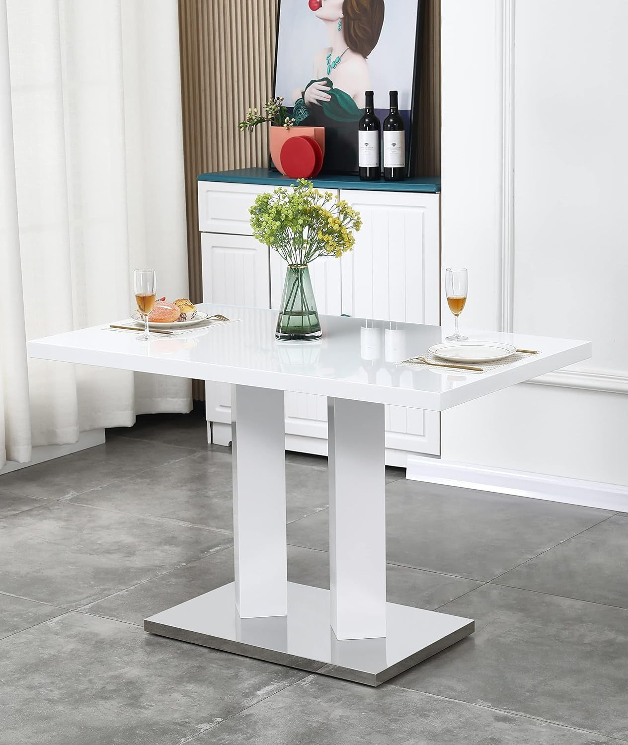 4 Seat White Gloss Dining Table Set + Velvet Chairs Black Modern Room