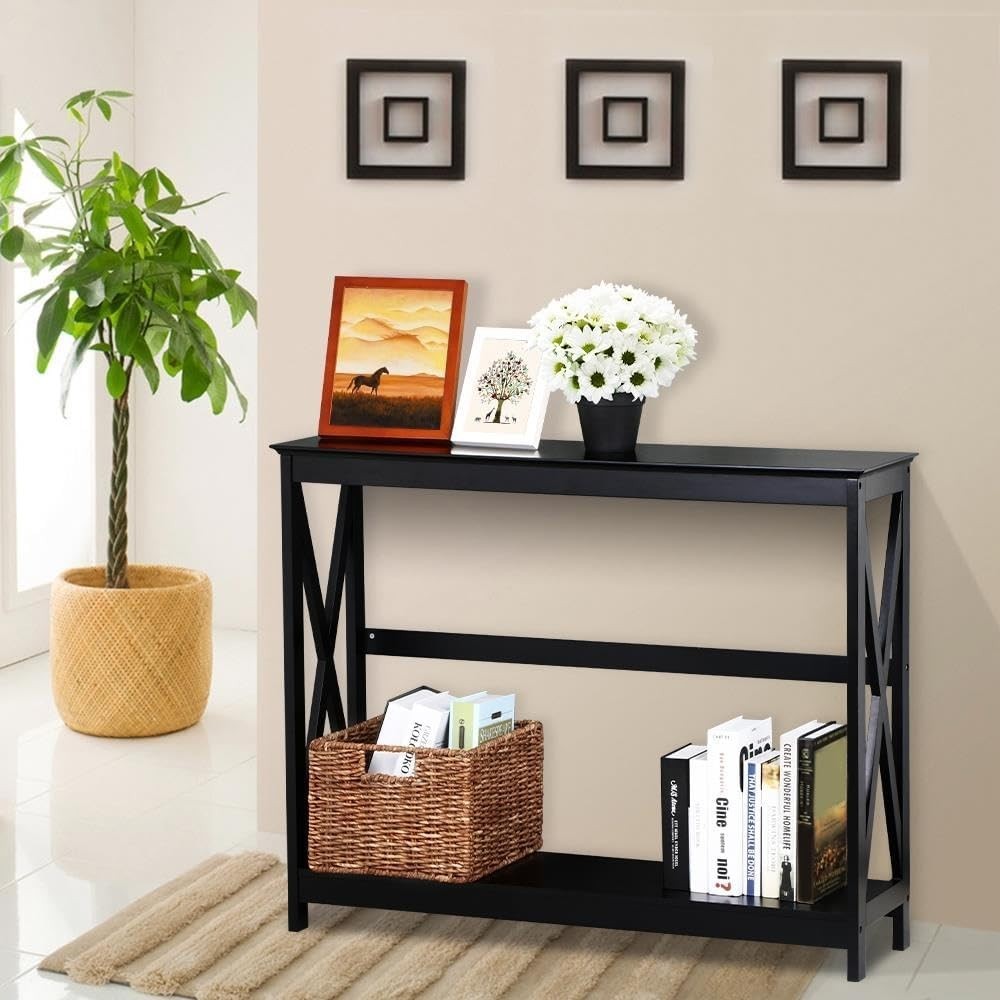 2 Tier Black Console Table with Shelf for Hallway Entryway Living Room