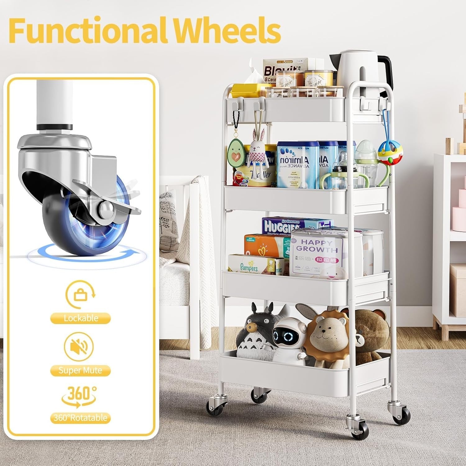 4 Tier Rolling Storage Cart Metal Utility Trolley Organizer Wheels