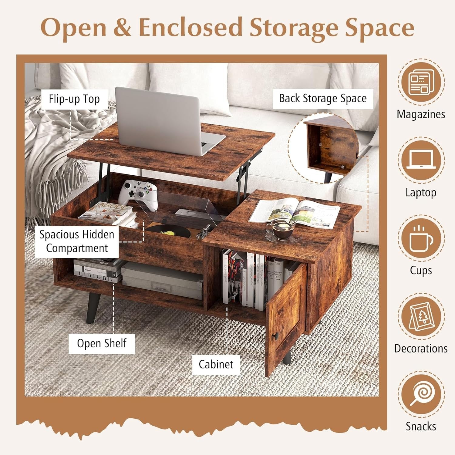 Lift Top Coffee Table with Storage, Adjustable Height, Rustic Brown Wood Finish