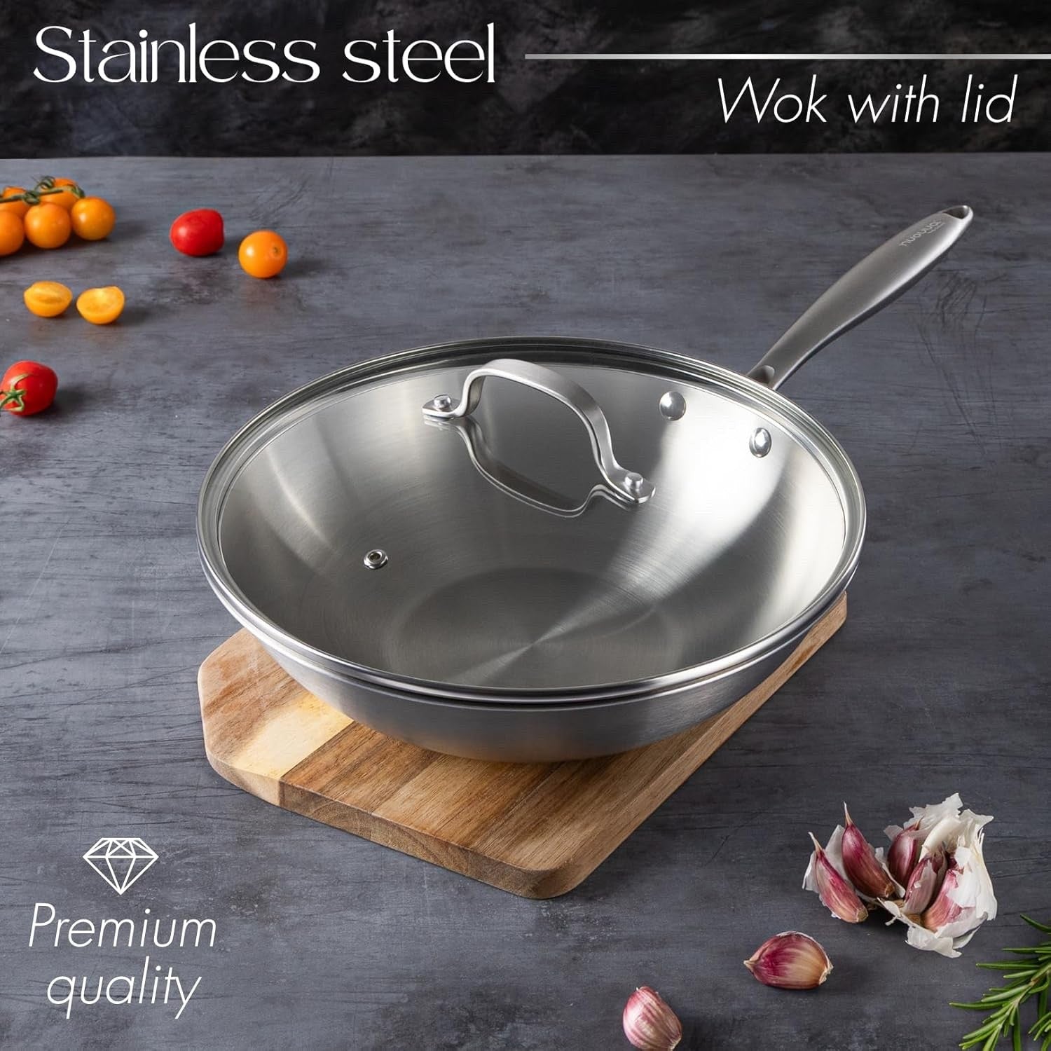Stainless Steel Wok Pan 28cm Non Stick Induction Deep Fry Pan with Glass Lid