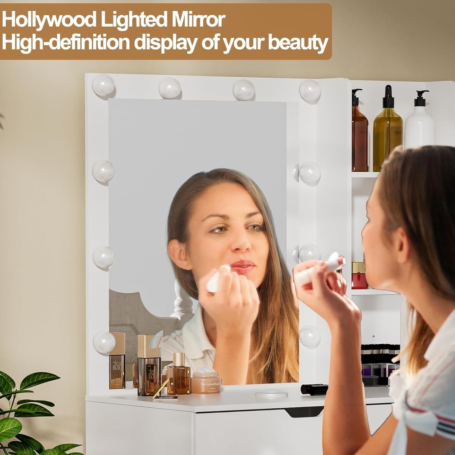 Modern LED Vanity Makeup Dressing Table Desk Mirror Drawers White Bedroom