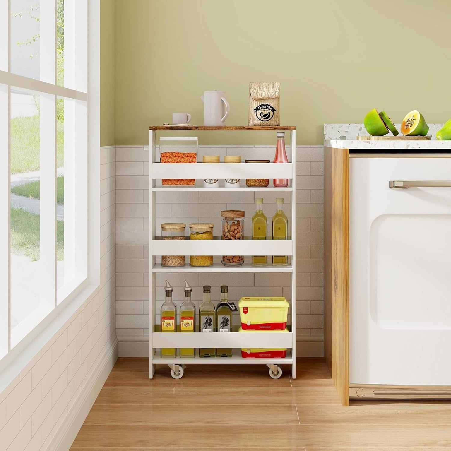 Slim Rolling Storage Cart 4 Tier Narrow Kitchen Organizer w/ Wheels