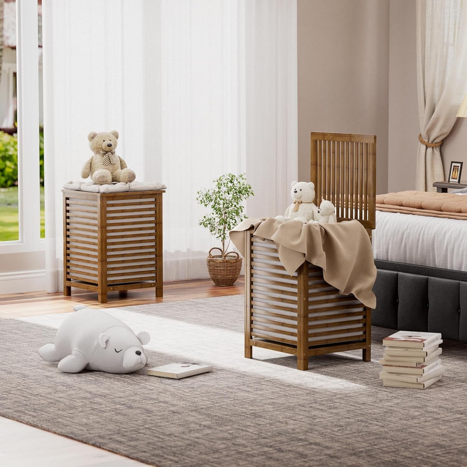 Walnut Bamboo Double Laundry Hamper with Lid 120L 2 Section Basket 47x47x65cm