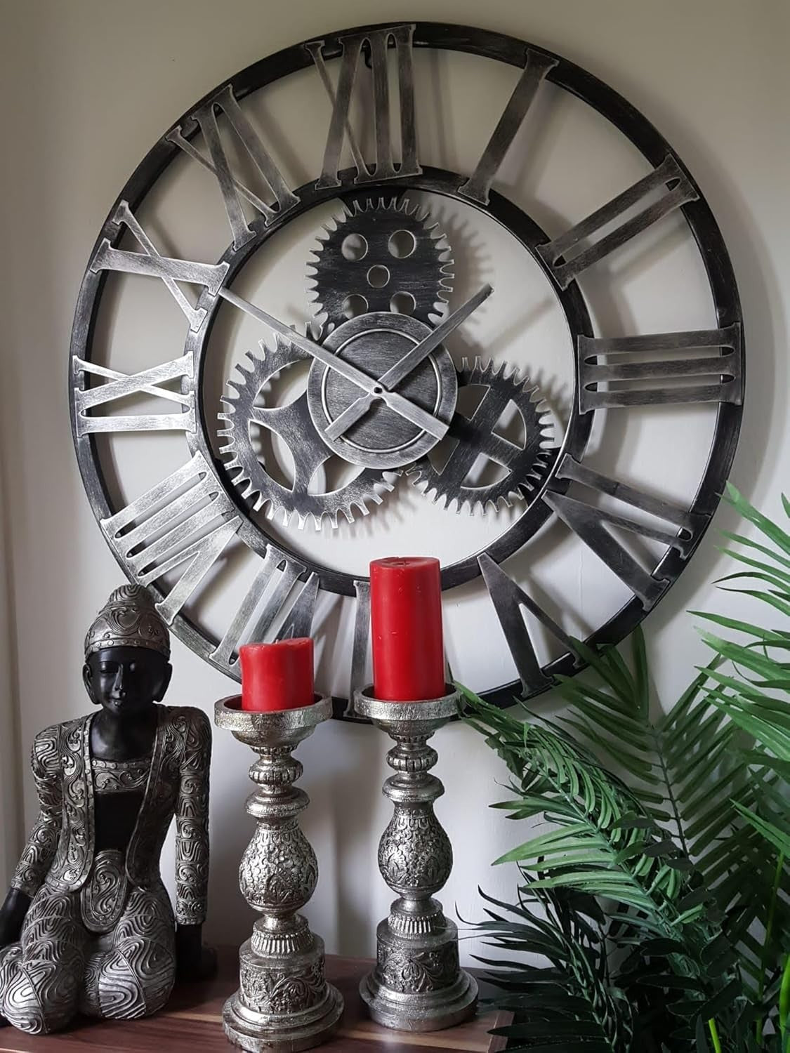 76cm Industrial Metal Gear Wall Clock - Rustic Silver Skeleton Roman Numerals V