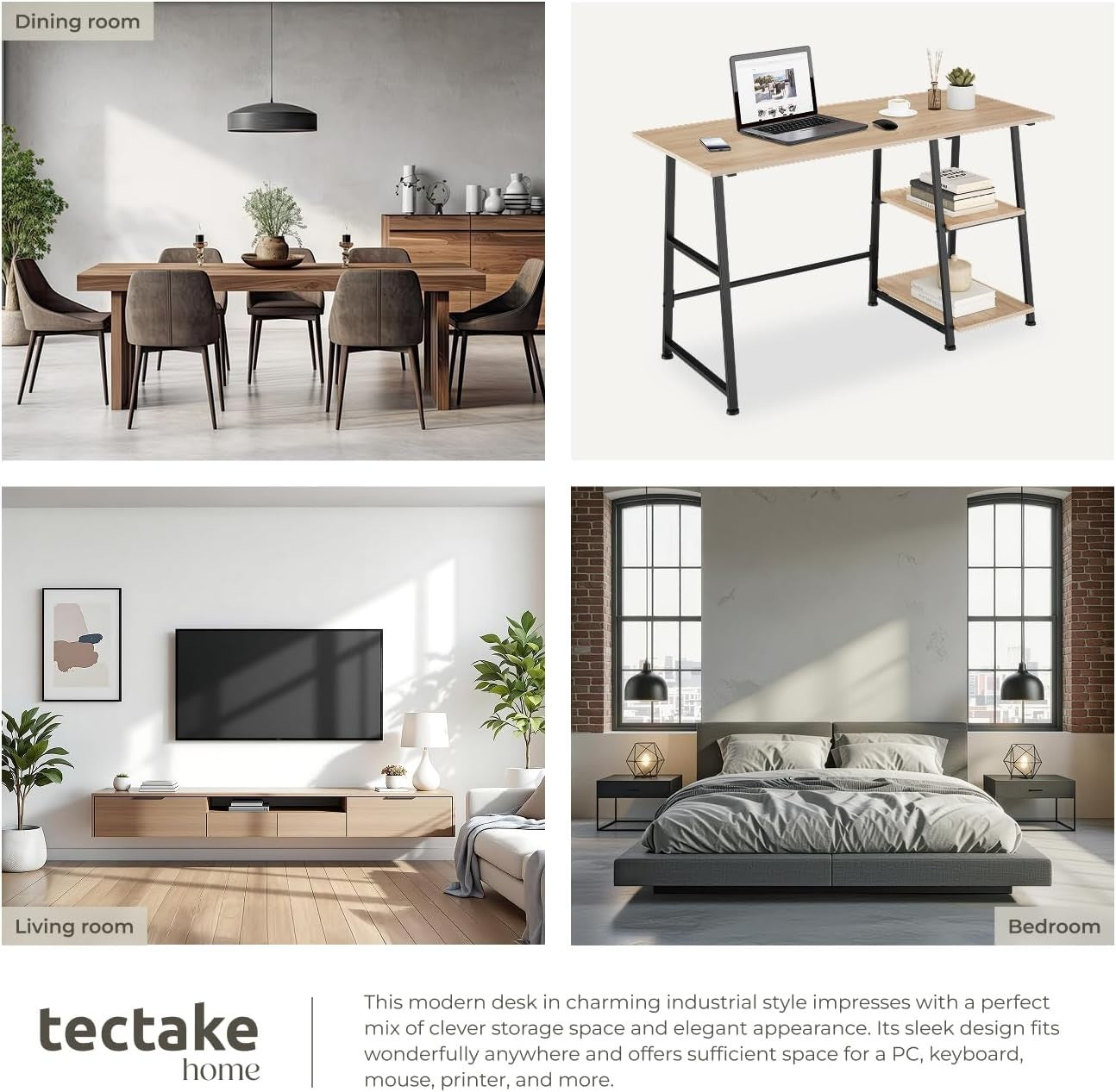 Modern Computer Desk Light Wood 120cm with Shelves & Steel Frame Office Table