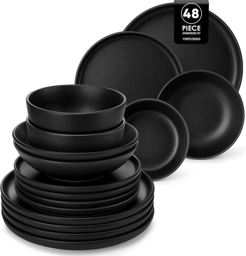 48pc Black Dinner Set Plates Bowls Matte Stoneware Crockery Service for 12