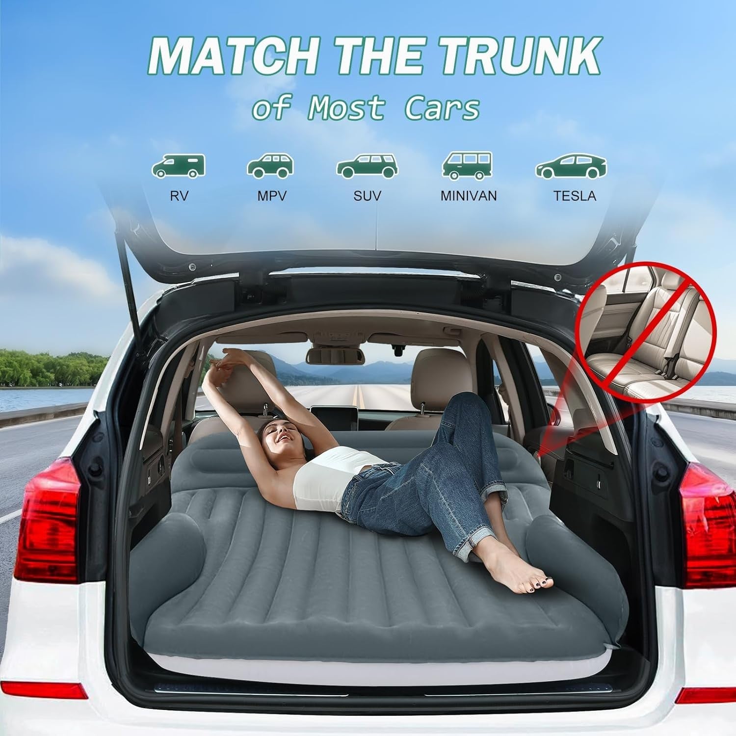 Inflatable Car Air Mattress with Built-In Pillow, Double-Sided Flocked Bed