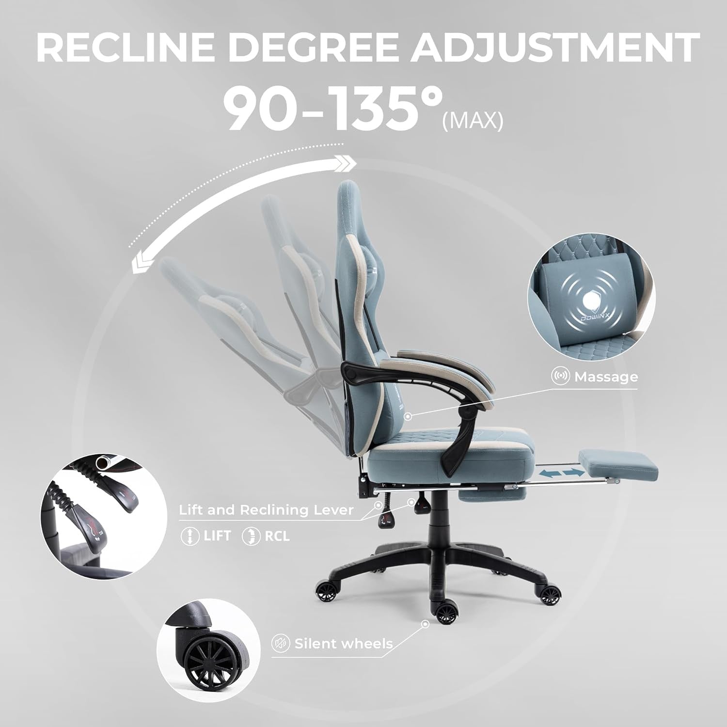 Massage Gaming Chair Fabric Pocket Spring Recliner 150kg Blue