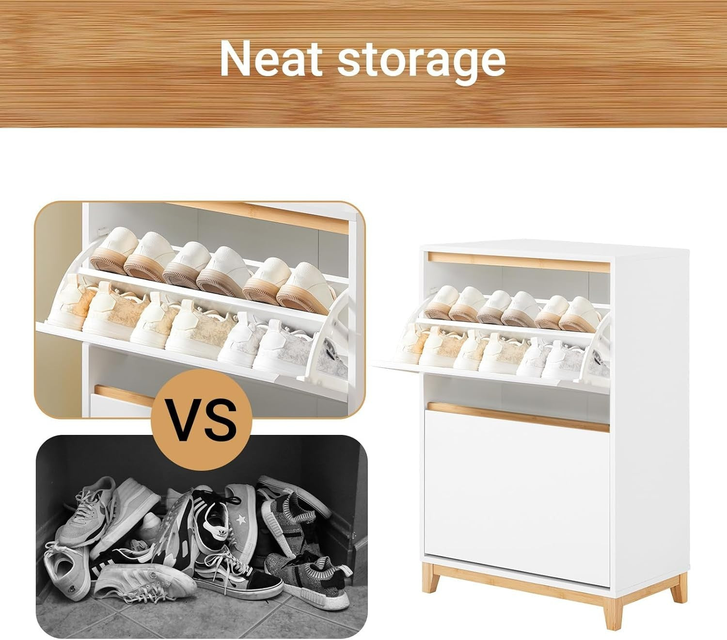 Slim White Shoe Cabinet with 2 Flip Drawers Hallway Storage 60x34x91cm