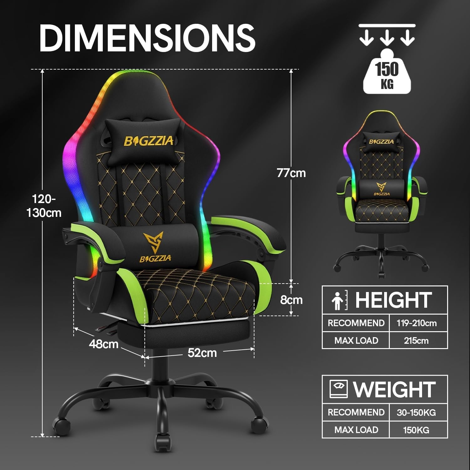 Gaming Chair LED Lights Recliner Footrest Ergonomic High Back