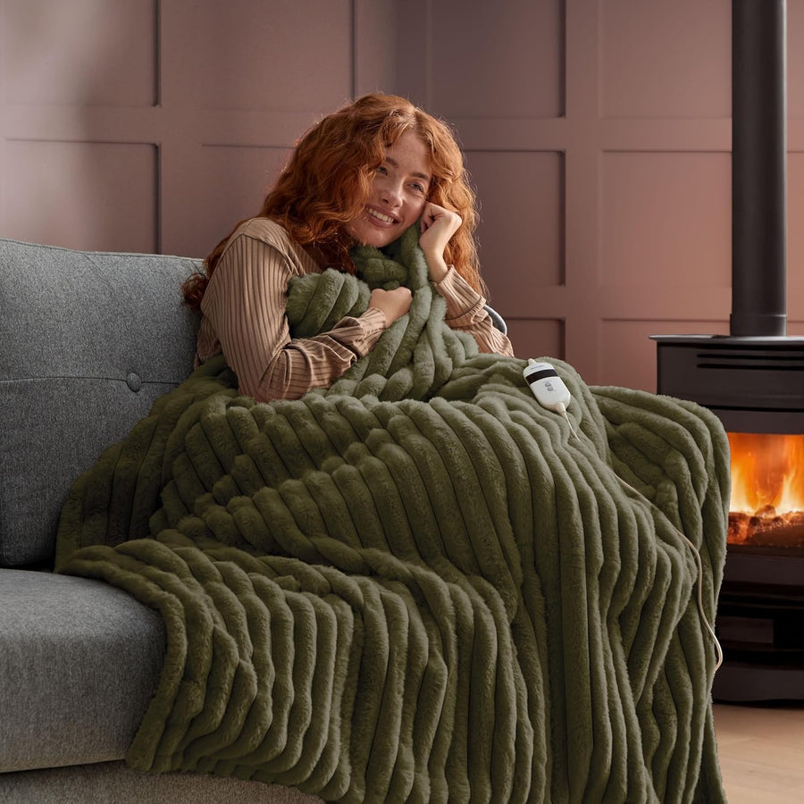Luxury Heated Throw Blanket Faux Fur Ribbed 9 Heat Settings Washable 120x160cm