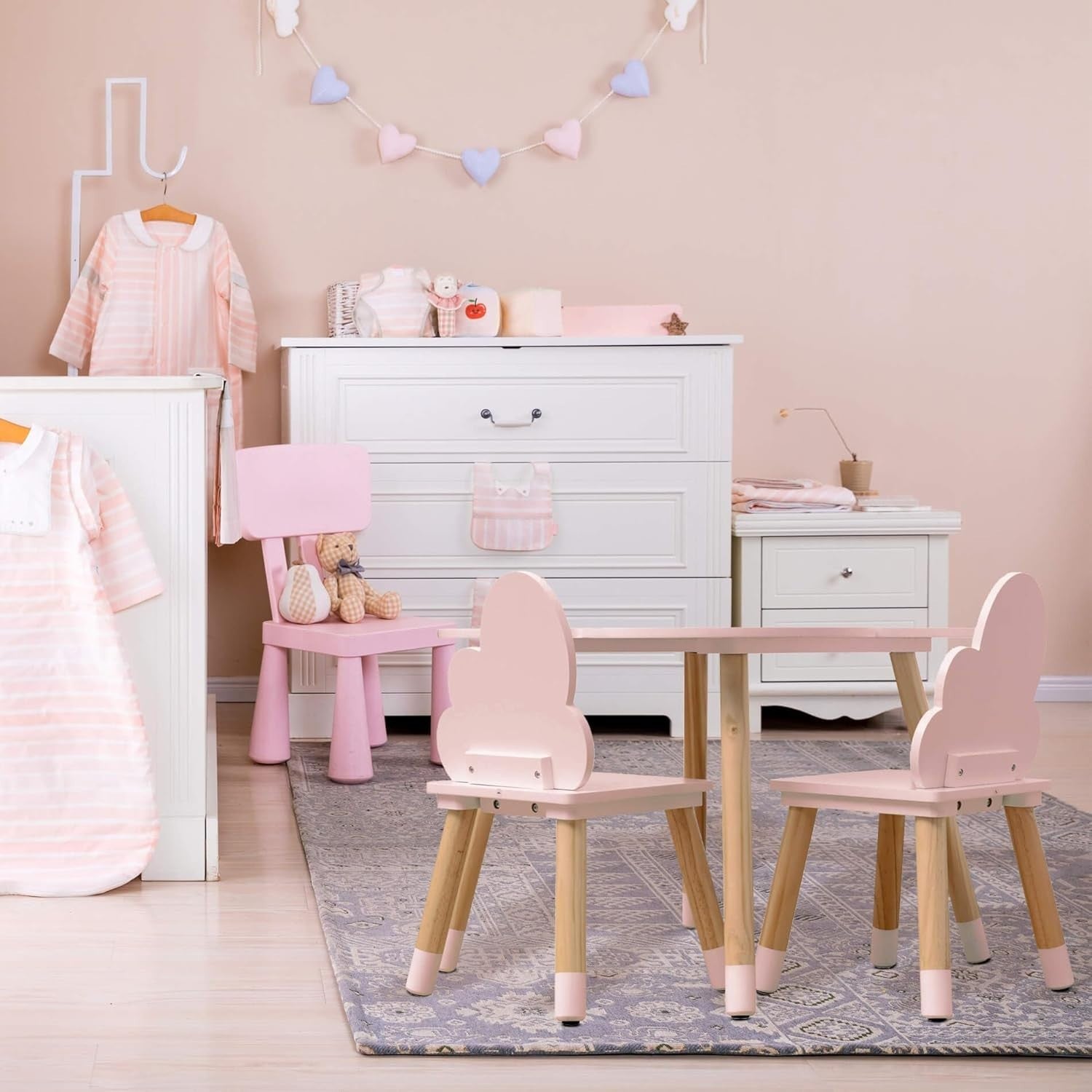 Kids Table & 2 Chairs Set Pink & Brown, Safe Rounded Edges, MDF Pine