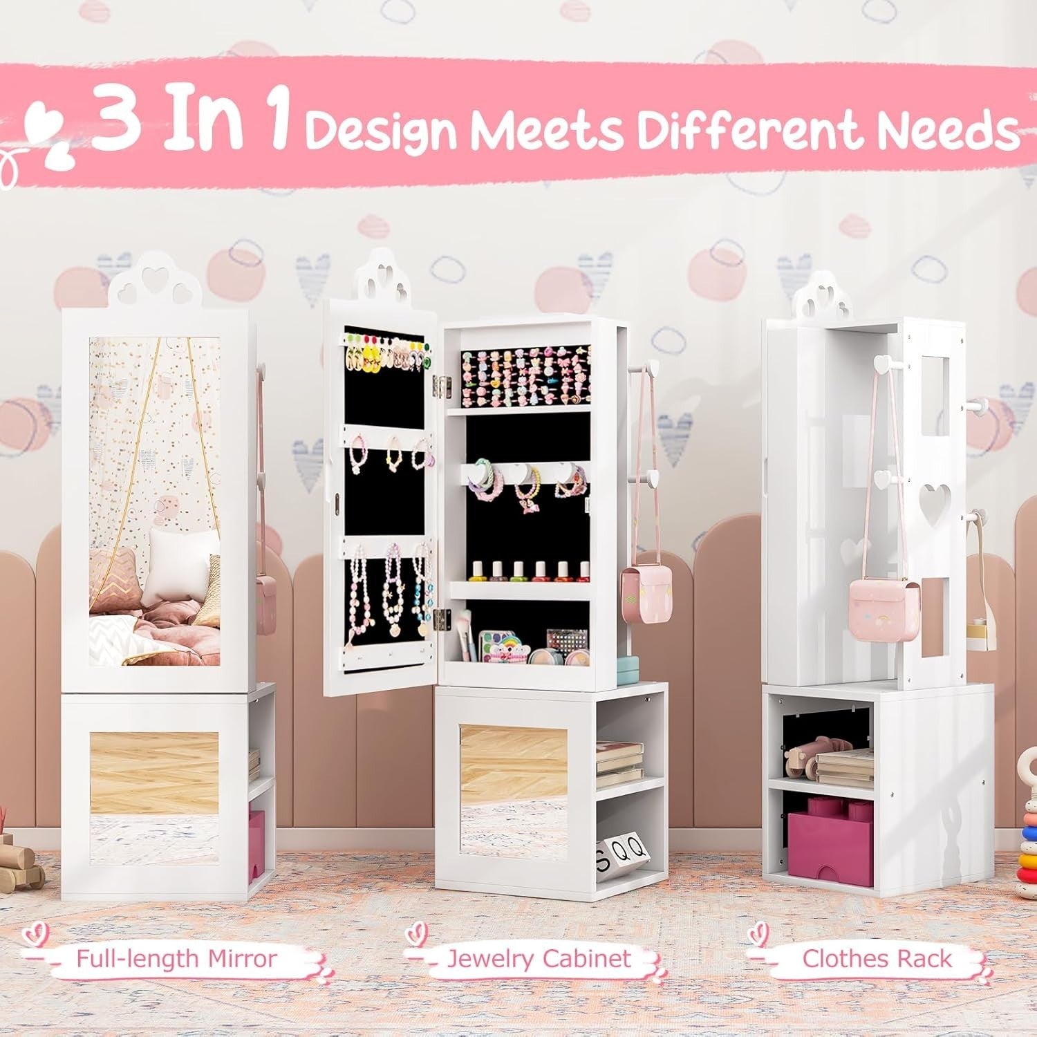 Kids Jewelry Cabinet Mirror Organizer with Clothes Rack Storage Shelves