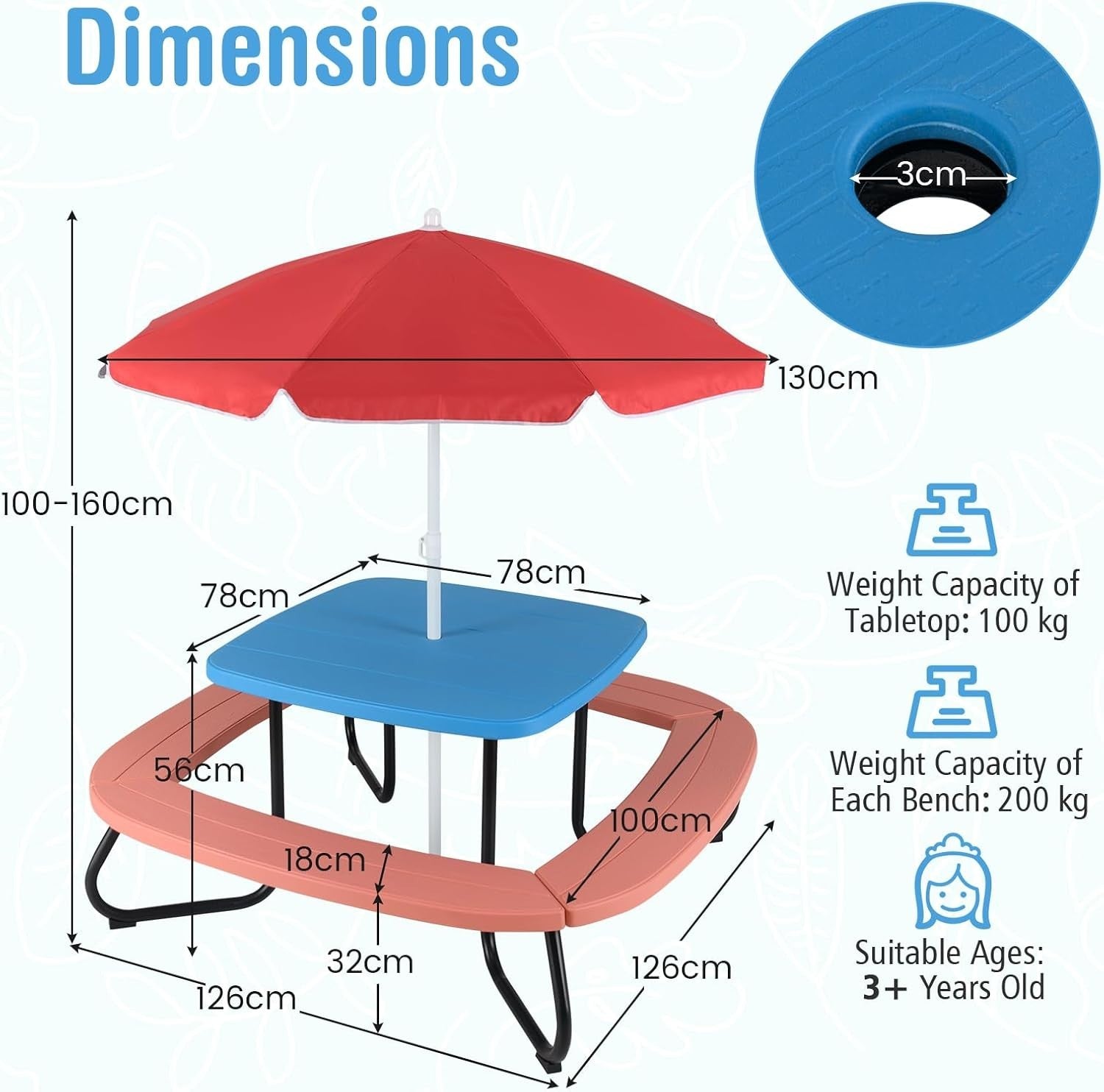 Kids Outdoor Picnic Table Set with Adjustable Umbrella, Seats 8, Red+Blue