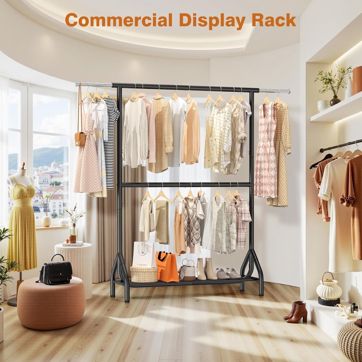280KG Double Clothes Rail with Shelves – Heavy Duty Black